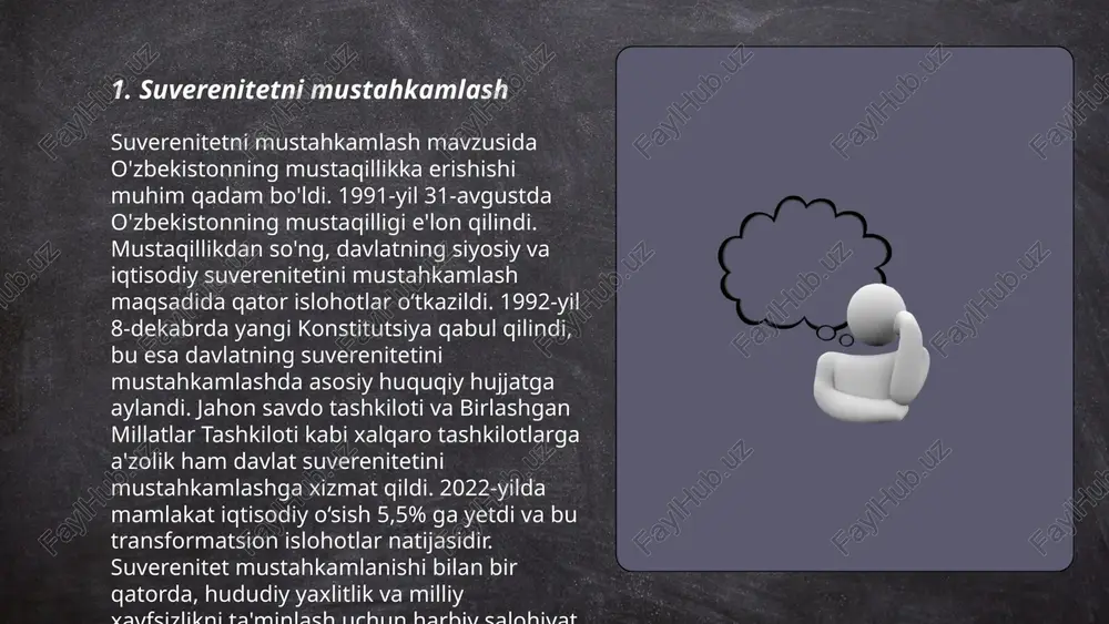 rdamiga asoslanadi. biror ko‘chadagi odamlardan kamida 70-80 foizi bir-birlari bilan yaxshi munosabatda bo‘lsa, jamiyatda totuvlik va xavfsizlik darajasi oshadi. tadqiqotlarga ko‘ra, yaxshi qo‘shnichilik aloqalari infratuzilmaning yaxshilanishiga, xavfsizlikning oshishiga va mulk qiymatining 5-10 foizga o‘sishiga olib kelishi mumkin. poytaxtda o‘tkazilgan so‘rovnoma natijalariga ko‘ra, aholining 60 foizi qo‘shnilaridan kamida bir kunda bir marta axborot yoki ko‘mak oladi. shveytsariyada, masalan, har 10 oiladan 7 tasi qo‘shnilari bilan muntazam ravishda ijtimoiy tadbirlar o‘tkazadi va bu ularning o‘zaro aloqalarni mustahkamlashiga yordam beradi. yaxshi qo‘shnichilik jamiyatni birlashtiruvchi muhim omil hisoblanadi. ... t.me/slaydai_bot iqtisodiy hamkorlikni rivojlantirish mavzusida oʻzbekiston qoʻshni davlatlar bilan savdo hajmini oshirib kelmoqda. 2022-yilda oʻzbekistonning tashqi savdo aylanmasi 50 milliard aqsh dollaridan oshdi. mamlakat osiyo va yevropa davlatlari bilan yangi shartnomalar imzolab, iqtisodiy aloqalarni mustahkamlamoqda. jumladan, qoʻshni qozogʻiston bilan savdo aylanmasi 5 milliard dollarni tashkil etdi, bu esa 10% oʻsishni koʻrsatadi. xitoy bilan savdo aylanmasi esa 7,5 milliard dollardan oshdi. 2023-yilda oʻzbekiston yevropa ittifoqi bilan …