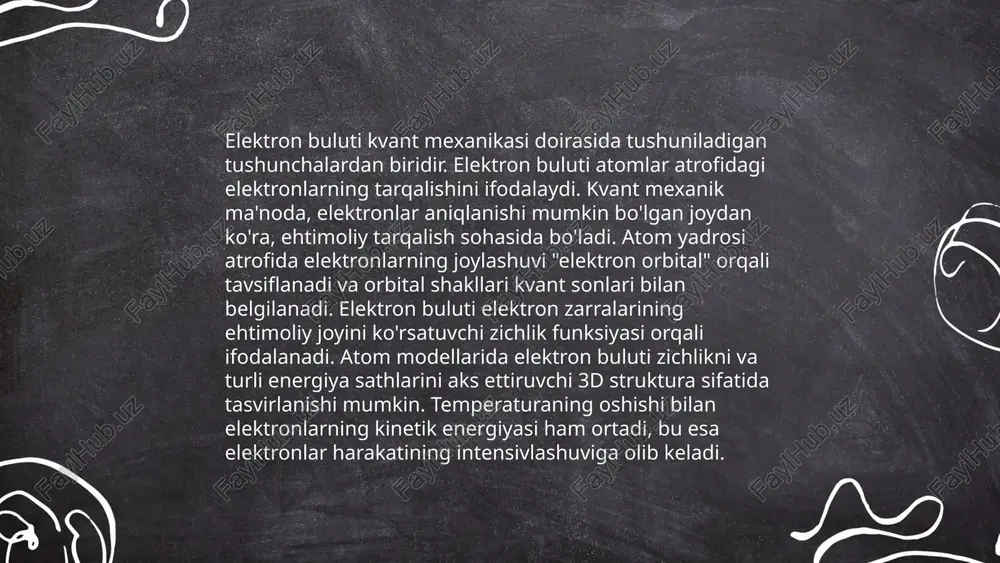 tal kvant mexanikasida atomning elektron bulutini ifodalaydigan orbital turidir. f-orbitallari uchunchi kvant sondan boshlab, elektron darajalarida paydo bo'ladi. f-orbitallarining umumiy soni 7 ta bo'lib, har bir f-orbital 2 tadan elektron sig'dira oladi, ya'ni ular maksimal 14 ta elektron qabul qilishi mumkin. bu orbital atomlarning ichki qavatlarida joylashgan bo'lib, kamdan-kam kimyoviy reaktsiyalarda ishtirok etadi. f-orbitallar ko'pincha lantanid va aktinid elementlarning elektron konfiguratsiyasini belgilashda muhim ahamiyatga ega. ularning shakllari murakkab va uch o'lchamli fazoda pastisizationsiz ifodalanishi qiyin bo'ladi. elektron bulut. toʻlqin funksiyalari s, d, p, va f elementlarning atom tuzilishi ismoilxon e'tiboringiz uchun raxmat! image1.png image2.png image3.png /docprops/thumbnail.jpeg