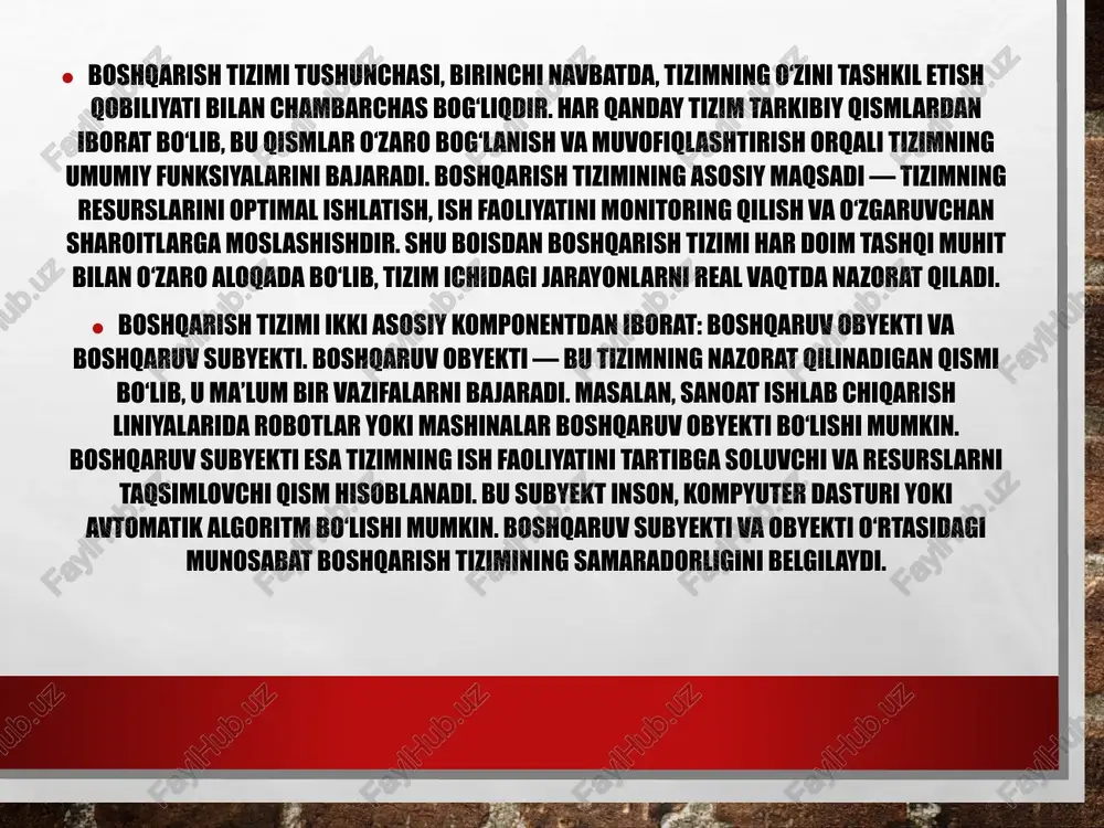 r va jarayonlar samaradorligini o‘rganish va kerakli o‘zgartirishlarni aniqlashga xizmat qiladi. qaror qabul qilish — tizimning mavjud ma’lumotlar asosida optimal strategiyani tanlash qobiliyatidir. boshqaruvni amalga oshirish esa qarorlarni amaliyotga tatbiq etish jarayonidir. boshqarish tizimlarini yaratishda texnologik va ilmiy yondashuvlar ham muhim ahamiyatga ega. zamonaviy boshqarish tizimlari odatda avtomatlashtirilgan bo‘lib, ular yuqori tezlikda ishlash, murakkab jarayonlarni boshqarish va inson xatolarini kamaytirish imkoniyatini beradi. kompyuter texnologiyalari, sun’iy intellekt va mashinali o‘rganish algoritmlari boshqarish tizimlarining samaradorligini oshirishga xizmat qiladi. shu bilan birga, inson omili hamon muhim bo‘lib, tizimning to‘g‘ri ishlashida nazorat va qaror qabul qilish jarayonida hal qiluvchi rol o‘ynaydi. boshqarish tizimining rivojlanish tarixi ham qiziqarli bo‘lib, u bir necha bosqichlardan o‘tgan. boshlang‘ich bosqichda boshqarish tizimlari mexanik qurilmalar va oddiy avtomatlarni o‘z ichiga olgan. keyinchalik elektron va kompyuter texnologiyalarining rivojlanishi bilan boshqarish tizimlari avtomatlashtirildi va murakkablashdi. hozirgi davrda esa boshqarish tizimlari sun’iy intellekt, sensorlar tarmoqlari, bulutli hisoblash va real vaqtda monitoring imkoniyatlarini o‘z …