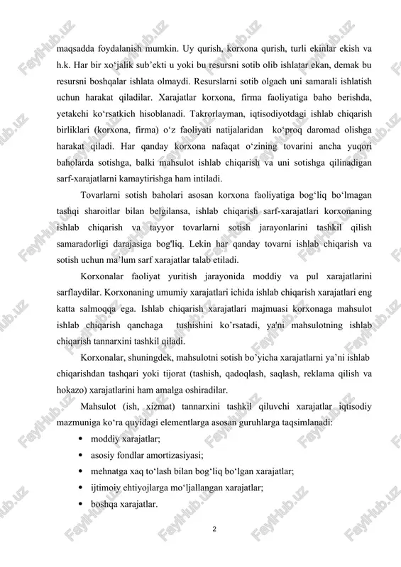 ayman, iqtisodiyotdagi ishlab chiqarish birliklari (korxona, firma) o‘z faoliyati natijalaridan ko‘proq daromad olishga harakat qiladi. har qanday korxona nafaqat o‘zining tovarini ancha yuqori baholarda sotishga, balki mahsulot ishlab chiqarish va uni sotishga qilinadigan sarf-xarajatlarni kamaytirishga ham intiladi. tovarlarni sotish baholari asosan korxona faoliyatiga bog‘liq bo‘lmagan tashqi sharoitlar bilan belgilansa, ishlab chiqarish sarf-xarajatlari korxonaning ishlab chiqarish va tayyor tovarlarni sotish jarayonlarini tashkil qilish samaradorligi darajasiga bog'liq. lekin har qanday tovarni ishlab chiqarish va sotish uchun ma’lum sarf xarajatlar talab etiladi. korxonalar faoliyat yuritish jarayonida moddiy va pul xarajatlarini sarflaydilar. korxonaning umumiy xarajatlari ichida ishlab chiqarish xarajatlari eng katta salmoqqa ega. ishlab chiqarish xarajatlari majmuasi korxonaga mahsulot ishlab chiqarish qanchaga tushishini ko’rsatadi, ya'ni mahsulotning ishlab chiqarish tannarxini tashkil qiladi. korxonalar, shuningdek, mahsulotni sotish bo’yicha xarajatlarni ya’ni ishlab chiqarishdan tashqari yoki tijorat (tashish, qadoqlash, saqlash, reklama qilish va hokazo) xarajatlarini ham amalga oshiradilar. mahsulot (ish, xizmat) tannarxini tashkil qiluvchi xarajatlar iqtisodiy mazmuniga ko‘ra …