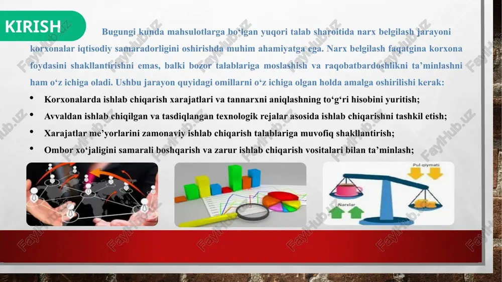 shakllanishi, qanday omillar ta’sir qilishi va buning bozorga, ishlab chiqaruvchilarga va iste’molchilarga qanday ta’sir ko‘rsatishi muhim tahliliy mavzudir. ushbu tahlil yuqori talab davrida narx dinamikasini aniqlovchi turli omillarni o‘rganadi va ular qanday oqibatlarga olib kelishini yoritadi. ! foydalanilgan adabiyotlar ro’yxati www.lex.uz – o’zbekiston respublikasi qonun hujjatlari ma’lumotlari milliy bazasi. www.stat.uz – o’zbekiston respublikasi davlat statistika qo’mitasi rasmiy sayti. www.gov.uz – o’zbekiston respublikasining hukumat portalining rasmiy sayti. http://www.press-service.uz (o‘zbekiston respublikasi prezidenti portali). www.gov.uz. (o‘zbeksiton respublikasi hukumatining rasmiy sayti). www.gki.uz (o‘zbekiston respublikasi davlat mulk qo‘mitasi). http:// www.rmm.uz (―respublika mulk markazi‖ yoajning sayti). www.sion.uz (ko‘chmas mulk agentligi) www.wikipedia.ru (ma‘lumotlar qidiruv portali) o‘zbekiston - iqtisodiyotni modernizatsiyalash hamda islohotlami chuqurlashtirishning yangi va yuksak bosqichi yo‘lida. (bekmurodov a.sh., g‘afurov u.v.) t.: iqtisodiyot, 2008. -126 b. (elektron versiyasi bilan). e’tiboringiz uchun rahmat! image3.jpg image4.jpeg image5.png image6.png image7.png image8.png image9.png image10.png image11.png image12.png image13.png image14.jpeg /docprops/thumbnail.jpeg