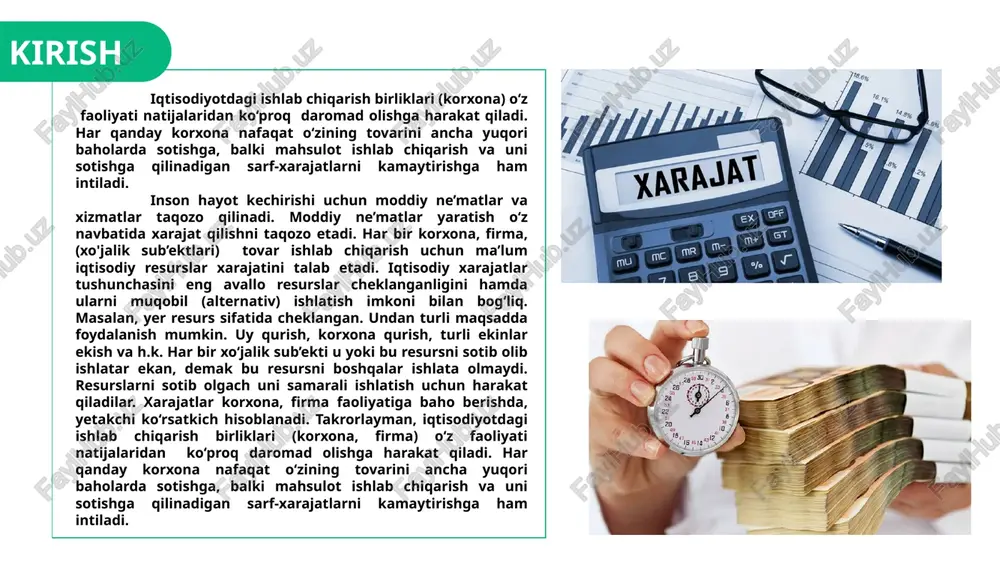 mehnatga haq to’lashga sarflanadigan xarajatlar bo’lib, ishlab chiqarishdagi yuqori natijalar uchun mukofatlar, rag’batlantiruvchi va kompensasiya to’lovlari, jumladan, konunchilikda belgilangan me’yoriylar chegarasida narxlarning o’sishi va indeksasiya uchun to’lovlar, shuningdek, korxona xodimlari shtatida bo’lmagan, lekin asosiy ishlab chiqarishda band bo’lgan ishchilar uchun to’lanuvchi haqini o’z ichiga oladi. 1.2 firmaning xarajatlari va mehnatga haq to’lash bilan bog’liq bo’lgan xarajatlar, hamda mahsulot tannarhidagi boshqa xarajatlar ishlab chiqarish sarf-xarajatlari tarkibiga xom ashyo, asosiy va yordamchi materiallar, yonilg‘i va energiya uchun qilingan xarajatlar, asosiy kapital amortizasiyasi, ish haqi va ijtimoiy sug‘urtaga ajratmalari, foiz to‘lovlari va boshqa xarajatlar kiradi. ishlab chiqarishga qilingan barcha sarf-xarajatlarning puldagi ifodasi mahsulot tannarxini tashkil qiladi. xarajatlarni doimiy ravishda pasaytirib borish korxona foydasini oshirishning asosiy vositasi bo‘lib xizmat qiladi. zero, mahsulot bahosi tarkibining asosiy elementlari bu xarajat va foydadir. binobarin, xarajatlar qanchalik qisqarib borsa shunga mos foyda miqdori oshib boradi. 1.3 ishlab chiqarish xarajatlari tarkibi haqida tushuncha 2bob qisqa va uzoq davrda ishlab …