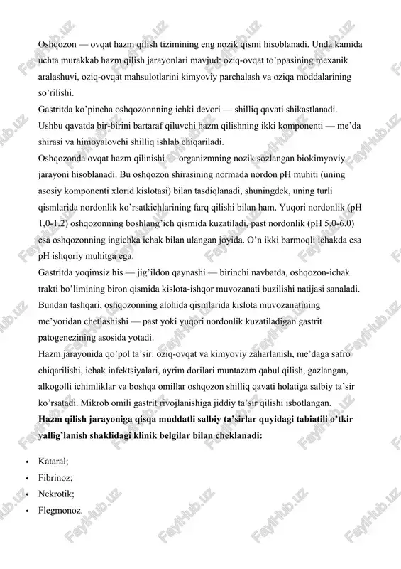 atda og’ir metallar, to’yingan kislotalar va gidroksid tuzlari bilan zaharlanish natijasida yuzaga keladi. flegmonoz gastrit oshqozon devorining mexanik jarohatlanishi bilan bog’liq. zaiflashgan organizmga uzoq muddatli ta’sirlar surunkali patogenez rivojlanishiga olib keladi, bu oshqozon devoridagi yarali jarayonlar bilan og’irlashadi. gastritlar oshqozon-ichak tizimda onkologik jarayonlarning sababchisi bo’lishi mumkin. odamlarda oshqozon gastriti xilma-xil namoyon bo’lishi uning murakkab tasnifi bilan bog’liq. gastritning klinik belgilarini batafsil o’rganish gastroenterologlar uchun davo usullarini qo’llashda juda zarurdir. bizning holatda esa bu kasallikning turli shakllarini tasvirlash bo’lib, u o’quvchilarda gastritning umumiy ko’rinishini tushunishga biroz bo’lsa ham yordam beradi. gastrit qo’zg’atuvchilari gastritning qo’z’gatuvchisi helicobacter pylori mikroblari va boshqalar bo’lishi mumkin. ba’zi hollarda, muayyan mikroorganizmlar gastritning taxminan 80%ini keltirib chiqarish sababchisi sanaladi. helicobacter bu kasallikning yagona qo’zg’atuvchisi emas. boshqa gastrit guruhi mikroblar bilan bog’liq emas, lekin ma’lum bosqichlarda bu bog’liqlik aniqlanishi mumkin. mikrobial bo’lmagan gastrit bir necha guruhga bo’linadi: · alkogolli ichimliklar. kasallik doimiy alkogolli ichimliklar iste’mol qilish natijasida rivojlanadi, etil …