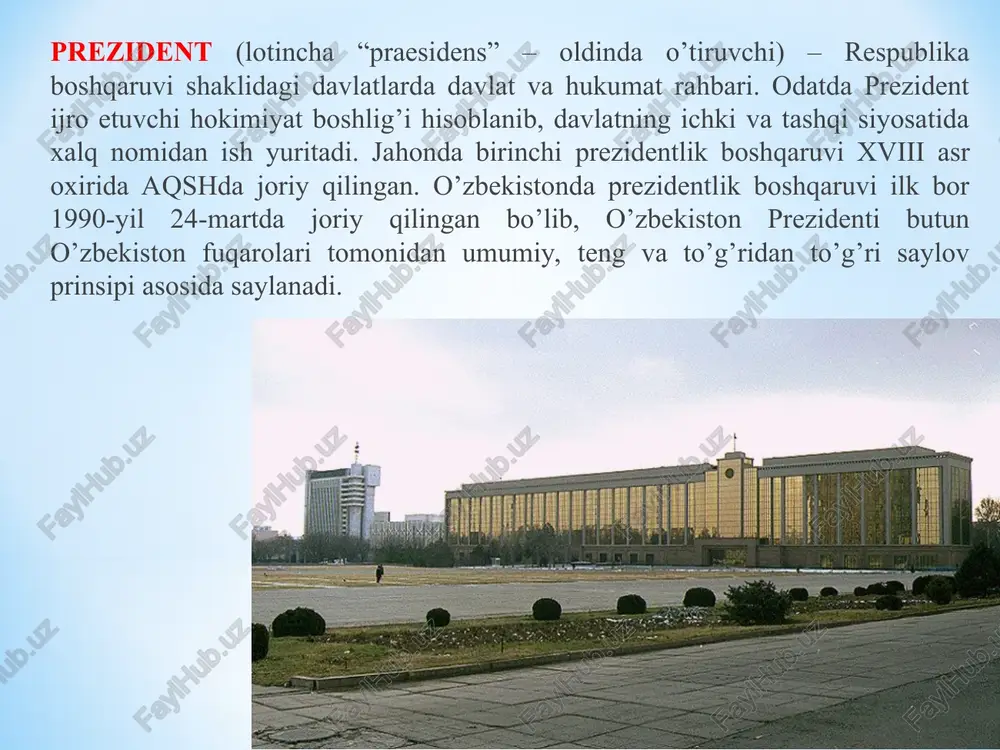 uyidagi tartibda belgilandi: bosh vazir o’rinbosarlari – 6 ta, vazirlar – 25 ta, davlat qo’mitalarining raislari – 11 ta, davlat inspeksiyalari 9 ta, agentliklar 17 ta. sud hokimiyati o‘zr konstitutsiyasining 107-moddasiga muvofiq, o‘zbekistonda quyidagi uchta kichik tizimni o‘z ichiga olgan sud tizimi tashkil etilib, u o‘z faoliyatini amalga oshirmoqda: 1.o‘zr konstitutsiyaviy sudi. 2.o‘zr oliy sudi, qoraqalpog‘iston respublikasi fuqarolik va jinoyat ishlari bo‘yicha oliy sudlari, fuqarolik va jinoyat ishlari bo‘yicha viloyatlar va toshkent shahar sudlari, fuqarolik va jinoyat ishlari bo‘yicha tumanlararo, tuman, shahar sudlari, shuningdek, harbiy sudlardan iborat bo‘lgan umumiy yurisdiksiya sudlari. harbiy sudlar tizimi, o‘z navbatida, o‘zr oliy sudi harbiy xay’ati, o‘zr harbiy sudi, okrug va hududiy harbiy sudlardan iborat. 3.xo‘jalik sudlari. mazkur sudlar o‘zr oliy xo‘jalik sudi, qoraqalpog‘iston respublikasi xo‘jalik sudi, viloyatlar va toshkent shahar xo‘jalik sudlaridan iborat. mahalliy davlat hokimiyati organlari – viloyatlar, tumanlar va shaharlarda (tumanga bo’ysunadigan shaharlardan, shuningdek shahar tarkibiga kiruvchi tumanlardan tashqari) hokimlar boshchilik qiladigan …