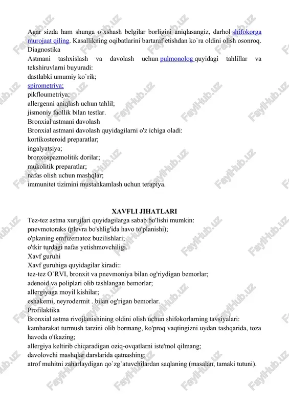 hilliq qavatining shishishi, shilliq ishlab chiqarishning kuchayishi va bronxspazm tufayli tez-tez nafas qisishidan shikoyat qiladilar. xastalikning ilk xurujlari bolalikda yoki balog‘atga yetish davrida boshlanishi mumkin. ayrim odamlarda esa bu kasallik keksalik yoshida ham rivojlanadi. bronxial astma ko‘pincha biror kasallik (nafas yo‘llarining jiddiy yallig‘lanishi, zotiljam, qizamiq, ayollarda jinsiy a’zolar yallig‘lanishi) yoki qattiq asabiylashish va ruhiy zo‘riqishdan keyin paydo bo‘ladi. yozning o‘zgaruvchan kunlarida, ayniqsa ob-havo sovuq va nam bo‘ladigan ko‘klam hamda kuz fasllarida bronxial astma xurujlari kuchayadi. kasallik tarixi gippokrat zamonida (miloddan avval) ham ayni bahor kezlarida o‘simliklar changining atrofga tarqalib kishilarda allergiya qo‘zg‘ashi ma’lum bo‘lgan. lekin u vaqtlarda allergiya holatidan hech kimning xabari yo‘q edi. gippokrat nafasi qisib qolgan bemorlarga efedra giyohini yoqib tutunidan hidlash zarurligini tavsiya etgan. abu bakr ar-roziy “tibbiyotga doir mukammal kitob” asarida bironxial astma alomatlarini batafsil bayon etib ba’zi gullarning va ayrim ovqat mahsulotlarining bu kasallikka sabab bo‘lishini ko‘rsatib o‘tadi. keyinchalik esa abu ali ibn sino “tib …