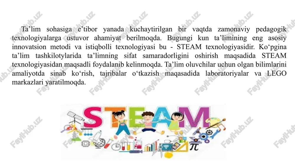 etilgan ta’lim - bolani rivojlanish sari yetaklaydi” ilmiy rivojlanish tamoyillariga asoslangan dastur. 📘 l.s. vygotskiydan iqtiboslar va g‘oyalar “to‘g‘ri tashkil etilgan ta’lim — bolani rivojlanish sari yetaklaydi.” yaqin rivojlanish zonasini (vygotskiy, “pedagogik psixologiya”) “ta’lim rivojlanishdan oldinda boradi va uni o‘z ortidan ergashtiradi.” o‘rganishga tayyor bo‘lgan (vygotskiy, “o‘qitish va rivojlanish muammolari”) “yaqin rivojlanish zonasi — bu bola kattalar yordamida bajara oladigan faoliyat darajasidir.” (vygotskiy, 1934) 2. innovatsion yondashuv: steam ta'limining asosiy bosqichlari steam ta'limida bilimlarni o'rganish va tushunish jarayoni ma'lum ketma-ketlikni qo'layotgan bosqichlardan iborat. bu bosqichlar o'quvchilarning ijodiy va mantiqiy fikrlashini faollashtirib, ularni mustaqil muammoni hal qilishga tayyorlaydi: savol va vazifa qo'yish o'quvchilar muammo yoki vazifani tanib oladi, uni tahlil qiladi va o'quvchilar tabiiy savollarga javob izlashni boshlaydi. bu bosqichda kuzatuvchilik va o'ylash qobiliyatlari rivojlanadi. muhokama va dizayn yaratish guruh tarafidan muammo hal qilishning turli usullari muhokama qilinadi. birgalikda eng samarali yechimning dizayni ishlab chiqiladi va strategiya belgilanadi. qurish va sinovdan …