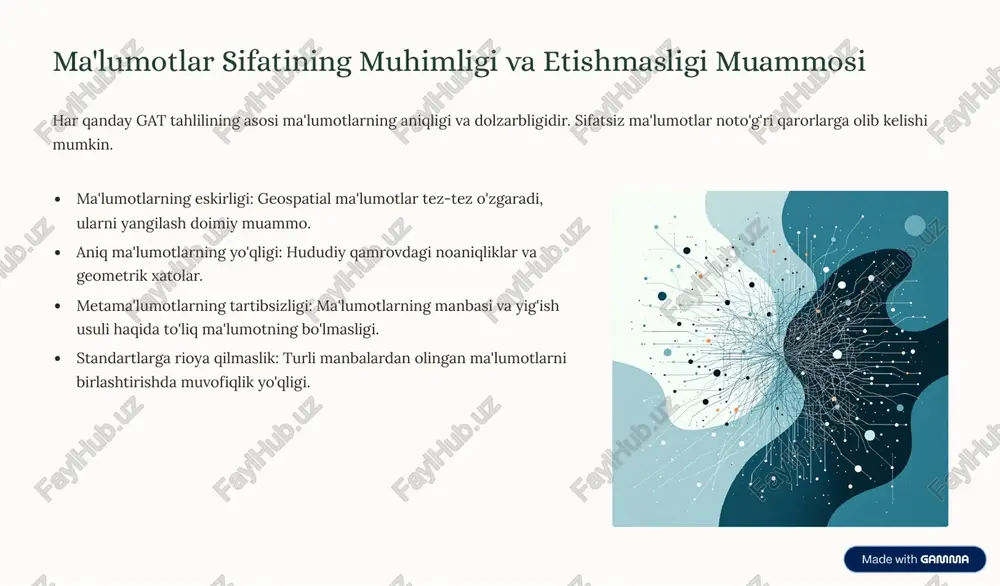 hning aniq huquqiy va me'yoriy asoslarini belgilash. https://gamma.app/?utm_source=made-with-gamma moliyaviy cheklovlar va investitsiyalarni jalb qilish muammolari gat tizimlarini joriy etish va texnik xizmat ko'rsatish sezilarli sarmoyalarni talab qiladi. ko'pincha bu mablag'larni topish qiyinchilik tug'diradi. yuqori boshlang'ich xarajatlar dasturiy ta'minot litsenziyalari, apparat vositalari va ma'lumotlarni yig'ish (masalan, sun'iy yo'ldosh tasvirlari) narxi juda yuqori bo'lishi mumkin. 70% texnik xizmat loyihaning umumiy qiymatining katta qismi texnik xizmat va ma'lumotlarni yangilashga sarflanadi. 45% byudjet tanqisligi investitsiya samaradorligini isbotlashda qiynalish sababli davlat byudjetidan mablag' ajratishdagi qiyinchiliklar. https://gamma.app/?utm_source=made-with-gamma gatni qo'llashda yuzaga keladigan huquqiy va me'yoriy qiyinchiliklar geospatial ma'lumotlar bilan ishlashda tegishli qonunchilik bazasining mavjudligi va ularning amaliyotga to'g'ri tatbiq etilishi muhimdir. ma'lumotlar egaligi geospatial ma'lumotlarning kimga tegishli ekanligi va ulardan qanday foydalanish mumkinligi masalasida aniqlikning yo'qligi. ruxsat berish tartibi maxsus ma'lumotlarga (masalan, yuqori aniqlikdagi aerofotosuratlar) kirish uchun murakkab ruxsat olish jarayonlari. standartlash milliy darajadagi gat standartlari va me'yorlarining etishmasligi yoki ularning eskirganligi. transchegaraviy ma'lumotlar xalqaro ma'lumotlarni almashishdagi …