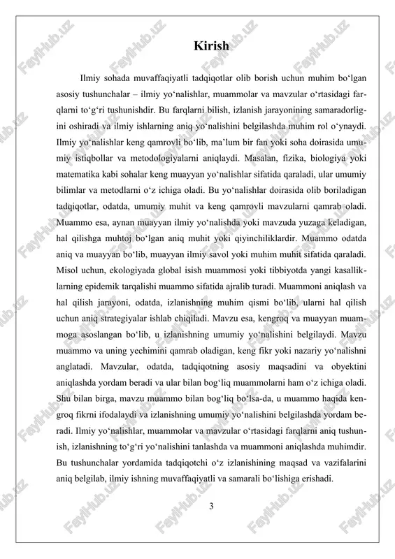 biologiyada "odam organizmidagi immunitet tizimini rivojlantirish" mavzusi, bu sohadagi muammolarni hal etish uchun muhim yo'nalishni belgilab beradi. ilmiy yo'nalishlar, muammolar va mavzular o'rtasidagi farqlarni aniqlash, izlanishning to'g'ri yo'nalishini belgilash va muammoni aniqroq tushunish uchun juda muhimdir. bu farqlar yordamida ilmiy ishning maqsadi, yo'nalishi va metodologiyasi aniq belgilab olinadi. ilmiy yo'nalishlar keng va umumiy bo'lib, ilmiy soha yoki fan doirasida kelajakdagi izlanishlar uchun asos bo'ladi. muammo esa, aynan muayyan muhitda yuzaga keladigan, hal qilishga muhtoj bo'lgan muhim savol yoki muammo sifatida, izlanishning konkret yo'nalishini aniqlaydi. mavzu esa, bu muammo yoki muayyan soha bo'yicha olib boriladigan ilmiy ish uchun umumiy yo'nalishni belgilab, muammoning yechimi uchun asos bo'lgan kengroq fikrni ifodalaydi. shu bilan birga, ilmiy yo'nalishlarni tushunish va ularni aniq belgilash, ilmiy izlanishlarda muvaffaqiyatga erishish uchun zarurdir. to'g'ri yo'nalishni tanlash orqali muammoni aniqlash va uning yechimini izlash jarayonida samaradorlik oshadi. bu esa, ilmiy ishlarning muvaffaqiyatli va tizimli bo'lishiga yordam beradi. natijada, muayyan muammo …