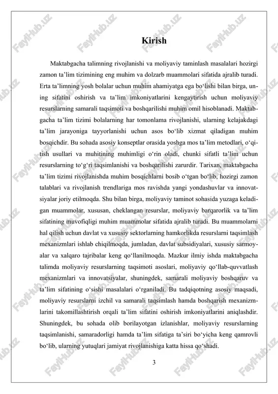 usiy sektorlarning roli muhim ahamiyatga ega. davlat moliyaviy qo‘llab-quvvatlash mexanizmlari orqali maktabgacha ta’limga ajratiladigan mablag‘larni nazorat qiladi va ularni adolatli taqsimlash uchun qonun va me’yorlarni ishlab chiqadi. bu mexanizmlar orasida davlat subsidiyalari, grantlar, soliq imtiyozlari va boshqa moliyaviy yordam shakllari mavjud. xususiy sektor esa, investitsiyalar, xayriya va sarmoyalar orqali ta’lim muassasalarini rivojlantirishga hissa qo‘shadi. xususiy sektorning roli, ayniqsa, innovatsion yondashuvlar va texnologik yechimlarning joriy etilishida muhimdir. moliyaviy resurslarning taqsimlanishida muhim muammo sifatida resurslarning cheklanganligi va ularning noto‘g‘ri taqsimlanishi bilan bog‘liq muammolar yuzaga keladi. bu muammolar, odatda, moliyaviy barqarorlikning ta’minlanmasligi, ta’lim sifatining pasayishi va muassasalar orasidagi tafovutlarning oshishi bilan bog‘liq bo‘ladi. shuning uchun, ta’lim sohasida moliyaviy resurslarni optimallashtirish uchun yangi model va mexanizmlarni ishlab chiqish zarur bo‘lib, bu jarayonda davlat-xususiy hamkorlik, texnologik yechimlar va xalqaro tajribalar keng qo‘llanilmoqda. xulosa qilib aytganda, maktabgacha ta’limda moliyaviy resurslarning taqsimoti asoslari, uning adolatli, samarali va maqsadli bo‘lishini ta’minlash uchun muhim asoslarni tashkil etadi. bu asoslar …