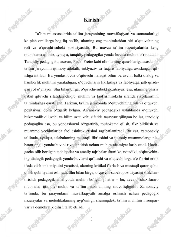 , muammolarni aniqlash va ularni hal qilishda faol qatnashish imkonini beradi. shuningdek, o‘qituvchi talaba-subektni mustaqil fikrlashga undab, ularni jamiyatdagi ijtimoiy muammolarni tahlil qilish va muhim qarorlar qabul qilishda ishtirok etishga tayyorlaydi. kritikal pedagogikada o‘qituvchining asosiy vazifalaridan biri – talaba-subektning kritiklikna va muammo yechishga qaratilgan fikrlashini rivojlantirishdir. bu, avvalo, muammoli vaziyatlar yaratish, talabalarning fikrlarini so‘rash, ularni muhokama qilish uchun muhit yaratish va ularning fikrlarini hurmat qilish orqali amalga oshiriladi. o‘qituvchi talaba fikrini qabul qilgan holda, uni kengaytiradi va muhim ijtimoiy muammolar bilan bog‘liq tahlil qilishga undaydi. bu jarayon talabalarning shaxsiy va ijtimoiy ongini rivojlantiradi, ularni jamiyatda faol va mas'uliyatli fuqarolar sifatida tarbiyalashga yordam beradi. shuningdek, kritikal pedagogikada o‘qituvchining roli madaniyat va kontekstga mos ravishda o‘zgarishi mumkin. bu pedagogika yondashuvi har xil madaniy va ijtimoiy o‘rta hududlarda turlicha talqin qilinishi mumkin, shuning uchun o‘qituvchilar o‘zlarining pedagogik metodlarini doimiy ravishda yangilashlari, dialog va muhokama uchun muhit yaratishlari zarur. bu esa, o‘z navbatida, talabalarning …