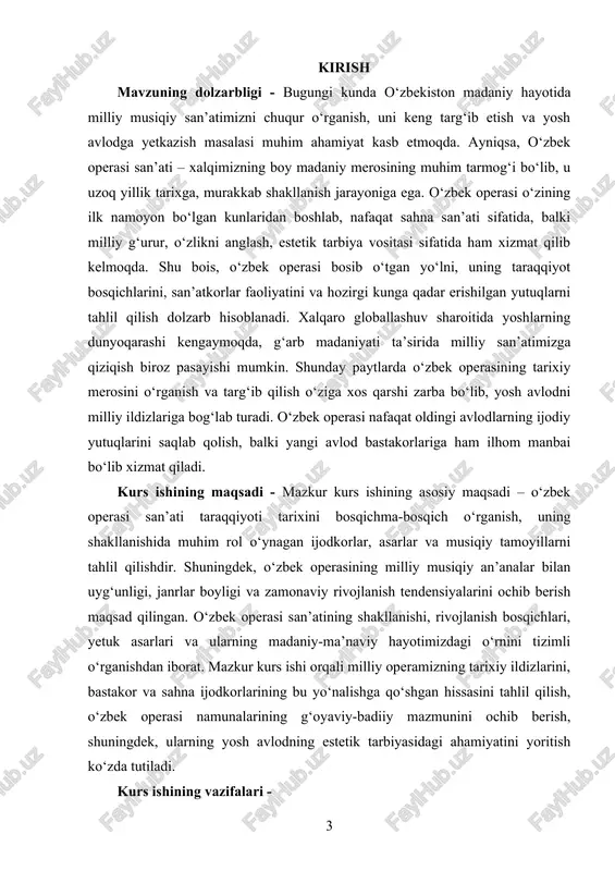 ham nazarda tutiladi. kurs ishining amaliy ahamiyati - kurs ishida o‘zbek operasining rivojlanish bosqichlarini o‘rganish orqali musiqiy-ma’naviy tarbiyada, ta’lim jarayonida va yoshlar ongida milliy san’atga bo‘lgan qiziqishni oshirish mumkin. shu bilan birga, u san’atshunoslar, musiqa o‘qituvchilari va talabalar uchun manba sifatida xizmat qilishi mumkin. kurs ishining tarkibiy tuzilishi va hajmi - mazkur kurs ishi kirish, ikki bob, to’rt bo‘lim, xulosalar, foydalanilgan adabiyotlar ro‘yxatidan tashkil topgan. asosiy qisim o‘zbek operasi milliy musiqa san’atining muhim yo‘nalishlaridan biri bo‘lib, u o‘zining shakllanishi, taraqqiyoti va badiiy jihatlari bilan o‘zbek madaniy hayotida salmoqli o‘rin egallaydi. uning vujudga kelishi xalq og‘zaki ijodiyoti, an’anaviy kuy-qo‘shiqlar, maqomlar va musiqali dramalar asosida boshlangan. o‘zbek operasi g‘arbiy opera janrining klassik shaklini milliy ruh, xalqona ohang va tarixiy mavzular bilan boyitish orqali shakllangan. ilk bosqichda o‘zbek operasi rus kompozitorlari va sovet davrining musiqiy tajribalari ta’sirida rivojlanib, unda milliy musiqa unsurlari, xalq qo‘shiqlari va maqomlar operaviy shaklga moslashtirildi. shu davrda yaratilgan operalarda …