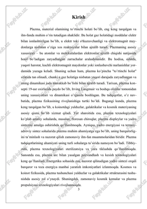 ionlar va erkin elektronlar aralashmasidan iborat bo‘lib, uning o‘ziga xos xususiyati elektr tokini o'tkazish qobiliyatida namoyon bo‘ladi. plazmaning asosiy nazariy tushunchalaridan biri, uning ionlashtirilgan gaz bo‘lishidir. bu holatda, gaz molekulalari yoki atomlari yuqori energiya ta'sirida bo‘lib, elektronlar ularning atom yoki molekulalaridan ajraladi. natijada, ijobiy zaryadlangan ionlar va erkin elektronlar birga mavjud bo‘lib, ular o‘zaro elektromagnit maydonlar ta'sirida harakat qilishadi. bu jarayon, odatda, yuqori haroratlar, kuchli elektromagnit maydonlar yoki ionizlovchi nurlanishlar yordamida amalga oshadi. bu jarayon yordamida gaz holatidan plazma holatiga o'tish sodir bo‘ladi. nazariy jihatdan, plazmaning o‘ziga xos xususiyatlaridan biri uning elektr o'tkazuvchanligidir. gaz ichida erkin elektronlar mavjudligi sababli, plazma yuqori elektr o'tkazuvchanlikka ega bo‘lib, elektromagnit maydonlarga sezgir javob beradi. bu xususiyat, uning texnologik va ilmiy sohalarda keng qo‘llanilishiga asos bo‘ladi. masalan, plazma kuchlanishga ta’sir qilganda, uning elektronlarining harakati va ionlarning energiya tarqalishi muhim o‘zgarishlarga olib keladi. plazmaning boshqa muhim nazariy tushunchalaridan biri uning dinamikasi va barqarorligi bilan bog‘liq. plazmaning …