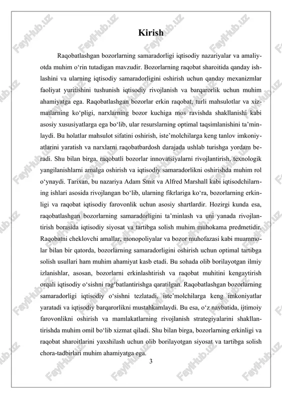 odiy samaradorlik oshadi. raqobat muhitining asosiy prinsiplari bilan bog‘liq bo‘lib, ular bozor muhitining o‘zi uchun yaratilgan tartibga solish va qonunchilik bilan muvofiqlashtiriladi. shu bilan birga, bozorni tartibga solishda raqobatni cheklovchi amallar, monopoliyalar va kartellar faoliyatini nazorat qilish muhim ahamiyatga ega. raqobatli bozorlarning samaradorligi iqtisodiy o‘sishni rag‘batlantiradi, resurslarning eng yaxshi taqsimlanishini ta’minlaydi va iqtisodiy barqarorlikni mustahkamlaydi. bu esa, o‘z navbatida, aholining farovonligini oshirishga xizmat qiladi. raqobat sharoitlari va bozor erkinligini ta’minlash uchun siyosiy va iqtisodiy tartibga solish chora-tadbirlarini takomillashtirish muhimdir. masalan, monopoliyalar va bozor muhofazasi bilan bog‘liq muammolarni hal qilish, raqobatni cheklovchi amallarni aniqlash va nazorat qilish orqali, bozor samaradorligini oshirish mumkin. statistik ma’lumotlar va iqtisodiy tahlillar shuni ko‘rsatadiki, erkin va raqobat muhitining kengayishi iqtisodiy o‘sish ko‘rsatkichlariga ijobiy ta’sir ko‘rsatadi. masalan, raqobatli bozorlar innovatsiyalar va texnologik rivojlanishni rag‘batlantiradi, bu esa uzoq muddatli iqtisodiy rivojlanish uchun muhimdir. shuningdek, raqobatli bozorlar orqali narxlar pasayadi, iste’molchilar uchun keng imkoniyatlar va sifatli mahsulotlar taqdim etiladi. …