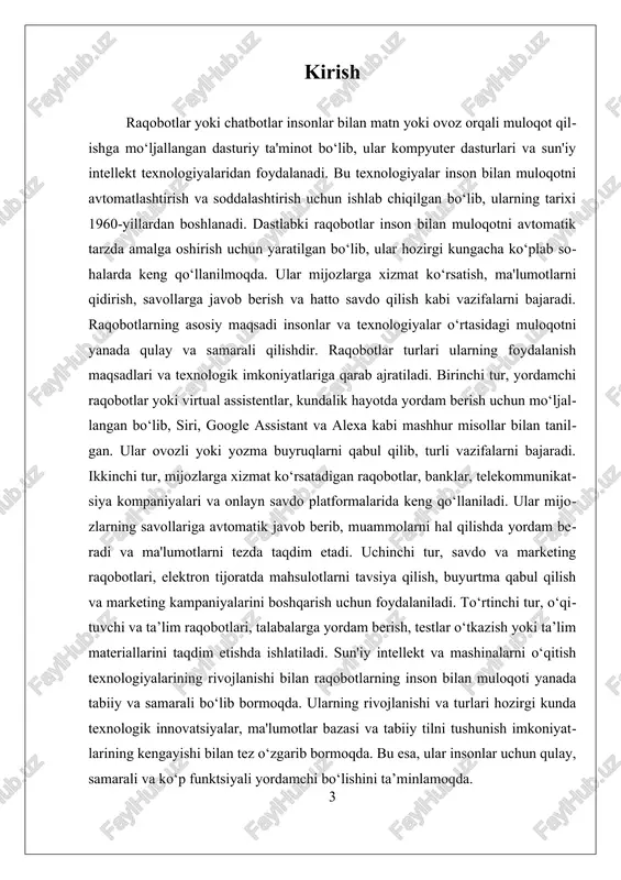 ob berish, muammolarni hal qilish va ma’lumotlarni tezda taqdim etishga qaratilgan. ularning yordamida xizmat ko‘rsatish jarayonlari samarali va tezlashadi. uchinchi turdagi raqobotlar, ya’ni savdo va marketing raqobotlari, elektron tijoratda mahsulotlarni tavsiya qilish, buyurtma qabul qilish va marketing kampaniyalarini boshqarish uchun ishlatiladi. bu raqobotlar mijozlarni jalb qilish va ularning ehtiyojlariga mos mahsulot yoki xizmatlarni taklif qilishda muhim rol o‘ynaydi. to‘rtinchi turdagi raqobotlar ta’lim sohasida ishlatiladi va o‘qituvchi yoki ta’lim raqobotlari sifatida xizmat qiladi. ular talabalarga yordam berish, testlar o‘tkazish yoki ta’lim materiallarini taqdim etish uchun mo‘ljallangan. har bir turdagi raqobotlar o‘zining texnologik imkoniyatlari va foydalanish sohalariga qarab rivojlanmoqda. sun'iy intellekt va mashinalarni o‘qitish texnologiyalarining rivojlanishi bilan ular inson bilan muloqotni yanada tabiiy va samarali qilmoqda. raqobotlarning rivojlanishi va turlari hozirgi kunda keng ko‘lamda texnologik innovatsiyalar, ma’lumotlar bazasi va tabiiy tilni tushunish imkoniyatlarining kengayishi bilan tez o‘zgarib bormoqda. bu esa, ularning insonlar uchun qulay, samarali va ko‘p funktsiyali yordamchi bo‘lishini ta’minlamoqda. kelajakda …
