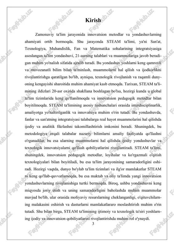 lar yechimi ishlab chiqilishi yoki san’at elementlari yordamida texnologik innovatsiyalarni taqdim etish mumkin. bu integratsiya nafaqat nazariy bilimlarni mustahkamlashga yordam beradi, balki ular amaliy va ijodiy faoliyatda qo‘llanishini ta’minlaydi. steam ta’limining asosiy tushunchalaridan biri interdisciplinarlikdir. bu, fanlar va san’at sohalarining bir-biri bilan bog‘lanishini va har bir soha metodologiyasidan foydalanib, kengroq va chuqurroq bilimlar hosil qilishni anglatadi. interdisciplinarlik shuningdek, talabalarni muammolarni kompleks va har tomonlama hal qilishga o‘rgatadi. masalan, muhandislik masalalarini hal qilishda matematik va texnologik metodlarni qo‘llash bilan birga, san’at va dizayn elementlarini integratsiya qilish muhim ahamiyat kasb etadi. bu esa, o‘z navbatida, talabalarga ijodiy va analitik fikrlashni rivojlantirish imkonini beradi. amaliyotga yo‘naltirilganlik esa steam ta’limining yana bir muhim jihatidir. bu yondashuvda, talabalarga nazariy bilimlar bilan birga, ularni real hayotdagi muammolarni hal qilish uchun qo‘llashga o‘rgatish muhimdir. loyihalar va amaliy mashg‘ulotlar orqali talabalar, o‘z bilimi va qobiliyatlarini mustahkamlash bilan birga, muammo yechish, jamoaviy ishlash va innovatsion fikrlash kabi ko‘nikmalarni rivojlantiradilar. …