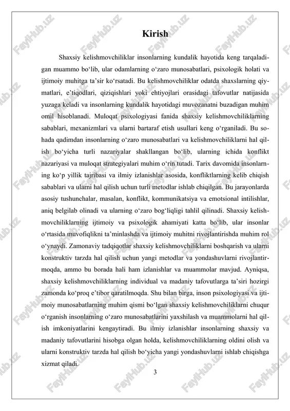 muammolar yuzaga kelishi mumkin. uchinchi omil — shaxslarning psixologik xususiyatlari va emotsional holati. insonlarning shaxsiy xususiyatlari, masalan, ularning emotsional intilishlari, stressga chidamliligi, va qabul qilish darajasi kelishmovchiliklarni shakllantirishda muhim rol o‘ynaydi. emotsional intilishlar yoki xafagarchiliklar kelishmovchiliklarning kuchayishiga yoki ularni hal qilishda qiyinchiliklarga olib kelishi mumkin. shu bilan birga, insonlarning kommunikatsiya qobiliyati va muomala usullari ham muhim ahamiyat kasb etadi. yaxshi muloqat strategiyalari va samarali kommunikatsiya texnikalari kelishmovchiliklarni kamaytirish va ularni konstruktiv hal qilish imkonini beradi. bundan tashqari, shaxslararo munosabatlarda madaniy tafovutlar ham muhim rol o‘ynaydi. madaniyatlar orasidagi tafovutlar, ularning qadriyatlari va odatlari, insonlarning muomala usullari va tushunish darajasiga ta’sir qiladi. madaniy tafovutlar, ayniqsa, globalizatsiya jarayonida, keng tarqalmoqda va ular shaxsiy kelishmovchiliklarning yuzaga kelishida asosiy sabab bo‘lishi mumkin. bu tafovutlar, odatda, tushunmovchiliklarni keltirib chiqaradi, chunki insonlar o‘z madaniyatlarida qabul qilingan qoidalar va odatlarni boshqalarga ham tatbiq qilishga harakat qilishadi. shuningdek, shaxsiy kelishmovchiliklarning mexanizmlari haqida gapirganda, ularning asosiy jarayonlari sifatida konfliktlarning rivojlanishi …