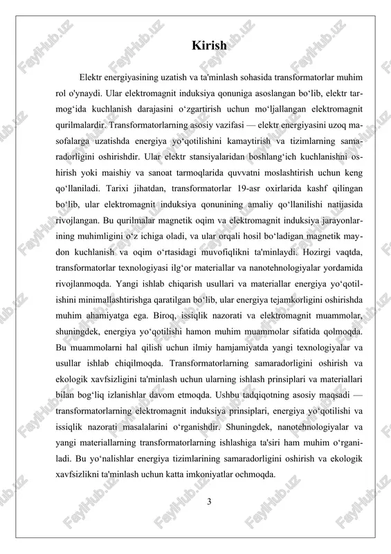 m ham ko‘payadi, natijada sekundar o‘ramda ham kuchlanish o‘zgaradi. transformatorlarning samaradorligi va ishlash samaradorligini ta’minlash uchun, magnetik yadro materiallari va konstruktsiya dizayni muhim ahamiyatga ega. magnetik yadro, asosan, yassi yoki torbali shaklda bo‘lib, magnit oqimni samarali uzatishni ta'minlaydi. yadroda yuzaga keladigan energiya yo‘qotishlarining asosiy sababi issiqlik va elektromagnit bilan bog‘liq muammolardir, ular yadro materiallari va yadrodagi magnit oqimining o‘zgarishi bilan bog‘liq bo‘lishi mumkin. shuningdek, elektromagnit induksiya jarayonining samaradorligini oshirish uchun, transformatorlar uchun yuqori chastotali va yuqori samaradorlikka ega materiallar ishlab chiqilmoqda. nanotehnologiyalar va yangi kompozit materiallar yordamida magnit yadroning yuki kamaytiriladi va energiya yo‘qotilishi minimallashtiriladi. bu esa, o‘z navbatida, transformatorlarning ishlashini yanada samarali va energiya tejamkor qilish imkonini beradi. transformatorlarning elektromagnit induksiya prinsipiga asoslangan ishlash jarayoni, shuningdek, elektr energiyasining masofadan uzatishda muhim rol o‘ynaydi. bu jarayon, yuqori kuchlanish va kam oqim bilan energiya uzatishni ta'minlab, uzatish tizimlarida energiya yo‘qotilishini kamaytiradi va tarmoqlarning barqarorligini oshiradi. elektromagnit induksiya prinsipining to‘g‘ri qo‘llanilishi va …