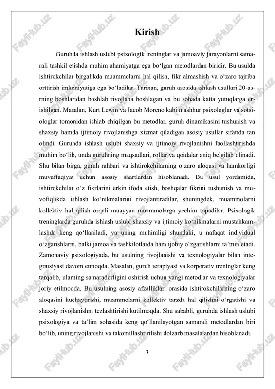 uchun, shuningdek, rahbar tomonidan muvofiqlik va tenglik prinsipi ham ta’minlanadi, chunki bu ishtirokchilarning o‘zaro aloqalarini mustahkamlashga yordam beradi. uchinchidan, guruhda ishlash uslubining tamoyillaridan biri – guruh dinamikasini tushunish va boshqarishdir. guruh ichidagi vaziyatlar va jarayonlarni kuzatish, a’zolarning o‘zaro aloqalarini tahlil qilish va muvofiqlashtirish bu tamoyilning asosiy qismidir. guruh dinamikasini tushunish, shuningdek, guruhdagi o‘zgarishlar va muammolarni aniqlash, ularni hal qilish uchun mos usullarni qo‘llash zarur. bu tamoyil, shuningdek, guruh a’zolarining rol va vazifalarini belgilash, guruhdagi muvofiqlikni ta’minlash va konfliktlarni hal qilishda muhim ahamiyatga ega. bundan tashqari, guruhda ishlash uslubining muhim prinsipi – shaxsiy rivojlanishga yo‘naltirilgan yondashuvdir. bu tamoyilga ko‘ra, har bir ishtirokchining shaxsiy imkoniyatlari, qobiliyatlari va ehtiyojlari hisobga olinadi. guruh jarayonlari davomida, ishtirokchilarga o‘z-o‘zini anglash, muammolarni hal qilish va shaxsiy rivojlanish uchun imkoniyatlar yaratish muhimdir. bu tamoyil shuningdek, motivatsiya va o‘z-o‘zini rivojlantirishni rag‘batlantirishga yordam beradi, shuningdek, guruh muvaffaqiyatining asosiy omillaridan biri hisoblanadi. shuningdek, guruhda ishlash uslubining boshqa tamoyillari orasida – muvofiqlik …