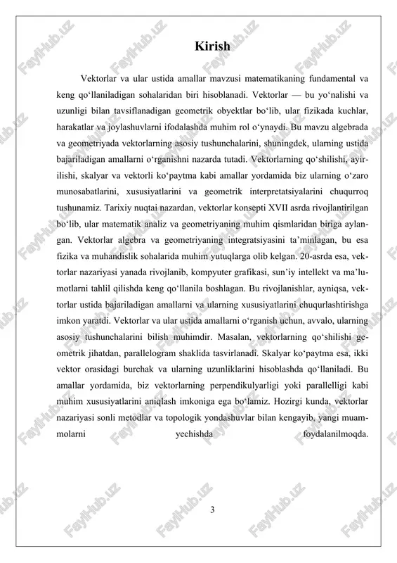 holatda, ularning burchagi to’liq 90 gradusga teng bo’ladi. agar, aksincha, a·b = |a| * |b|, ya’ni, skalyar koʻpaytma vektorlarga mos ravishda, ularning burchagi 0 gradusga teng bo’lsa, bu ikki vektor parallellik holatida ekanligini ko’rsatadi. misollar orqali, skalyar koʻpaytma amallarini tushunishni yanada mustahkamlash mumkin. masalan, a = (3, 4) va b = (2, 1) vektorlar uchun, a·b = (3)(2) + (4)(1) = 6 + 4 = 10. bu natija, vektorlarning uzunliklari va ularning orasidagi burchakni hisoblash uchun foydalaniladi. a vektorining moduli |a| = √(3^2 + 4^2) = 5, b vektorining moduli |b| = √(2^2 + 1^2) = √5. endi, burchak θ ni topish uchun, cos(θ) = 10 / (5 * √5) = 10 / (5√5) = 2 / √5, ya’ni, θ ning qiymatini aniqlash uchun arifmetik hisoblar bajariladi. shuningdek, fizikada skalyar koʻpaytma, kuchlar va harakatlar o’rtasidagi munosabatlarni ifodalashda muhimdir. masalan, kuch va tezlanish vektorlarining skalyar koʻpaytmasi, ishni hisoblashda qo’llaniladi, chunki ish, …