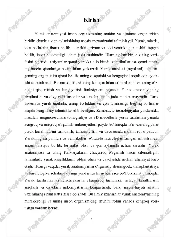 ‘lib, qon bilan ta’minlanadi. myokardning o‘ziga xos xususiyati shundaki, u nafaqat qon bilan ta’minlanadi, balki o‘z-o‘zini qisqartirish va kengaytirish funksiyasini bajaradi. bu muskullarning mustahkamligi va elastikligi yurakning doimiy va muvofiqlashtirilgan ishlashini ta’minlaydi. yurak muskuli, shuningdek, elektr impulslar yordamida harakatlanadi, ya’ni yurak ritmi bilan harakat qiladi. bu impulslar yurakning tuzilmasidagi sinoatrial (sa) tugun tomonidan ishlab chiqariladi va yurakning boshqa qismlariga tarqaladi, bu esa yurakning muvofiqlashtirilgan qisqarishiga olib keladi. 1-rasm. yurak anatomiyasining rivojlanishini o‘rganish davomida uning tuzilishi va funktsional imkoniyatlari haqida ko‘plab ilmiy izlanishlar olib borilgan. zamonaviy texnologiyalar — magnetresonans tomografiya (mrt), 3d modellash va boshqa vizual texnologiyalar — yurakning murakkab tuzilishini yanada aniqlashga yordam beradi. bu texnologiyalar yordamida yurak bo‘laklarining joylashuvi, qon tomirlarining holati va funksiyalarini chuqur o‘rganish mumkin bo‘lmoqda. bu esa, ayniqsa, yurak kasalliklarini aniqlash va davolashda muhim ahamiyat kasb etadi. yurakning anatomik tuzilishini va bo‘laklarning funksiyalarini bilish nafaqat tibbiy amaliyotda, balki yurak kasalliklarini oldini olishda ham muhimdir. yurak patologiyalari, …