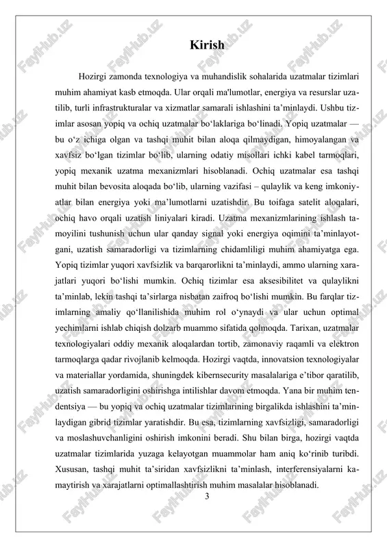 vojlangan va ishonchli uzatmalar tizimlarini yaratishga asos bo‘ladi. i. yopiq va ochiq uzatmalar asosiy tushunchalari va farqlari yopiq va ochiq uzatmalar ishlash me'zoni texnologik va muhandislik sohalarida muhim ahamiyatga ega bo‘lib, ularning asosiy tushunchalari va farqlari aniq va to‘g‘ri tushunishni talab qiladi. bu me'zoni uzatmalar tizimlarining ishlash prinsiplari, xavfsizlik, samaradorlik va moslashuvchanlik kabi muhim jihatlarni o‘z ichiga oladi. yopiq va ochiq uzatmalar ishlash me'zoni haqida to‘liq tushuncha berish uchun, avvalo, ularning ta’riflari va asosiy xususiyatlarini aniqlash muhimdir. yopiq uzatmalar ishlash me'zoni, odatda, yopiq va muhrlangan jarayonlar yoki tizimlar asosida ishlaydi. bu tizimlarda uzatmalar yo‘llari yoki kanalizatsiyalari yopiq bo‘lib, tashqi muhit bilan aloqasi cheklangan yoki umuman mavjud emas. bu holatda, signallar yoki energiya tashish jarayonlari tashqi aralashuvlardan himoyalangan bo‘ladi. yopiq uzatmalar ko‘pincha xususiy xavfsizlik, yuqori ishonchlilik va muhit muhofazasi uchun ishlatiladi. masalan, kabellar va trubkalar orqali energiya yoki ma'lumotlar uzatiladigan tizimlar, shuningdek, muhrlangan mexanik uzatmalar bu toifaga kiradi. ularning asosiy afzalliklari …