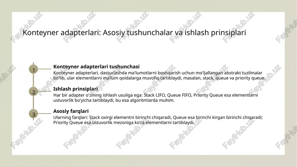 ifalarni boshqarishda qo’llaniladi. 3 ishlab chiqishdagi roli konteyner adapterlari algoritmlarda ma’lumotlarni tartib bilan boshqarishni ta’minlaydi. bu, dastur optimallashtirish, xatoliklarni kamaytirish va bajarilishini tezlashtirish uchun muhimdir. 4 muammo hal qilishda yordam katta ma’lumotlarni tez va samarali tarzda boshqarish uchun konteyner adapterlari muhim. masalan, vazifalar ro’yxatini tartibga solish yoki resurslarni prioritetga qarab taqsimlashda foydalaniladi. konteyner adapterlarini tanlashda e'tibor beriladigan omillar va o'ziga xos xususiyatlar maqsad va foydalanish shartlari ma'lumotlarning prioriteti xususiyatlar va optimallashtirish adapter tanlashda, dastur maqsadi va ma'lumotlarning qanday ishlatilishini hisobga olish muhim. masalan, stack tezkorlik va ma'lumotni ketma-ketlik bilan boshqarishga mos. priority queue uchun, elementlarning ustuvorligi muhim. bu adapterlar, vazifa yoki vazifalarga asoslangan holda, eng yuqori prioritetli elementlarni boshqaradi. har bir adapterning xususiyatlari va xatoliklarni oldini olish, samaradorlikni oshirish uchun muhim. to'g'ri tanlov, dastur xavfsizligi va ishlash tezligini yaxshilaydi. amaliy dasturlarda konteyner adapterlarini samarali qo'llash usullari 1 resurslarni optimallashtirish - konteyner adapterlari dasturlashda resurslarni samarali boshqarish uchun ishlatiladi. masalan, stack …