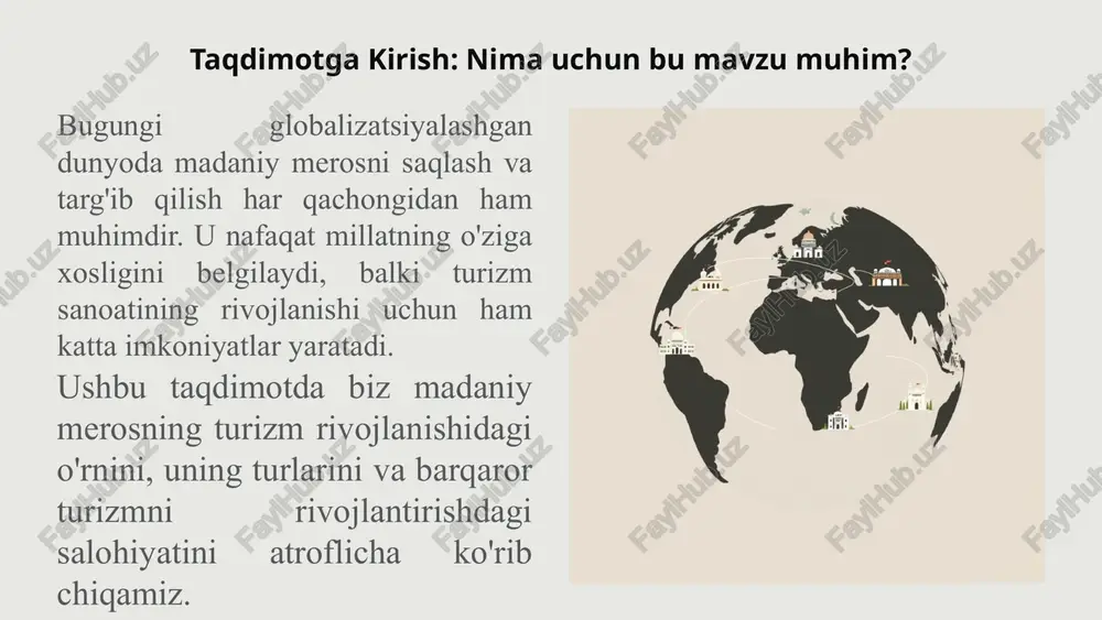 ng usullari va vositalari, shuningdek, ma'lum bir madaniy iqlimda ishlashning rasmiy qoidalarini belgilab beriladi. bularga ijtimoiy qadriyatlar va an’analar urf-odatlar, estetik va ma’naviy e'tiqodlar, badiiy ifoda va til va inson faoliyatining boshqa jihatlari kiradi. moddiy predmetlar ahamiyatini ijtimoiy-iqtisodiy, siyosiy, etnik, diniy va falsafiy qadriyatlari fonida sodir bo'lgan harakat sifatida talqin qilish mumkin. tabiiyki, nomoddiy madaniy merosni saqlash moddiy ob'ektlarga qaraganda ancha qiyin. madaniy meros obyektlarining xalq hayotidagi o‘rni o'zlikni anglash madaniy meros xalqning o'zligini, tarixini va kelib chiqishini tushunishiga yordam beradi. bu milliy g'urur va birlikni mustahkamlaydi. ta'lim va tarbiya u o'tmishdagi darslarni o'rganish, qadriyatlarni singdirish va kelajak avlodlarni tarbiyalash uchun boy manba bo'lib xizmat qiladi. ijtimoiy birlik madaniy meros umumiy qadriyatlar va an'analar orqali jamoalarni birlashtiradi, o'zaro tushunish va hamkorlikni rivojlantiradi. iqtisodiy faoliyat hunarmandchilik, san'at va madaniy tadbirlar orqali aholining iqtisodiy faoliyatini qo'llab-quvvatlaydi, ish o'rinlari yaratadi. har bir madaniy meros obyekti o'zida yashirin hikoyalarni saqlaydi va bu hikoyalar odamlarni …