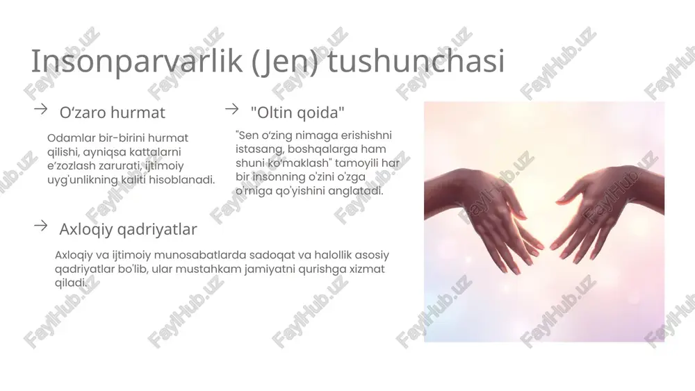 at adolat va tinchlikni taʼminlash uchun beshta buyuk fazilatga amal qilish, har bir kishining o'z burchini bajarishini anglatadi. barqarorlik kaliti bugungi kunda ham konfutsiylik qadriyatlari insoniylik va barqarorlik kalitidir, ular global muammolarni hal qilishda yordam beradi. xulosa: konfutsiylik – hayot yo'li va jamiyatning ruhiy asoslari inson kamoloti: axloq, hurmat va sadoqat orqali inson o'z kamolotiga erishadi, shaxsiy va ijtimoiy uyg'unlikni topadi. jamiyatda adolat: adolat va tinchlikni taʼminlash uchun beshta buyuk fazilatga amal qilish, har bir kishining o'z burchini bajarishini anglatadi. barqarorlik kaliti: bugungi kunda ham konfutsiylik qadriyatlari insoniylik va barqarorlik kalitidir, ular global muammolarni hal qilishda yordam beradi. bu slayddagi rasmda turli millatlardan bo'lgan odamlar tinch meditatsiya qilayotgani tasvirlangan. bu konfutsiylik qadriyatlarining umumbashariy inson qadri va uyg'unligini ifodalaydi. 9 foydalanilgan adabiyotlar konfutsiy. nutqlar va mulohazalar (lun yu). — toshkent: ma’naviyat, 2005. karimov e. sharq falsafasi tarixi. — toshkent: fan, 2018. berdiyorov b. falsafa asoslari. — toshkent: yangi asr avlodi, 2021. …