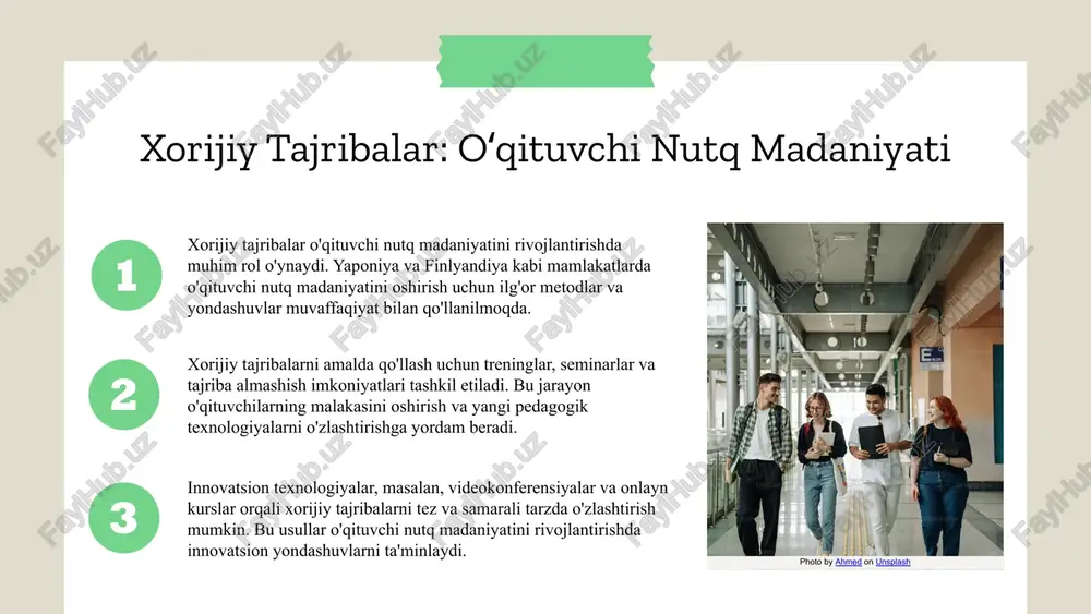 da, pedagogik mahoratni kuchaytirishda muhimdir. samaradorlik mexanizmlarining turlari nazariy asoslar: oʻqituvchi nutq madaniyati oʻqituvchi nutq madaniyatining nazariy asoslari psixologik, lingvistik va pedagogik prinsiplarni o'z ichiga oladi. bu asoslar orqali nutq madaniyatining rivojlanishi uchun muhim shart-sharoitlar shakllanadi. nutq madaniyatini rivojlantirishda nazariy yondashuvlar muhim rol o'ynaydi. o'qituvchining nutq madaniyatini oshirish uchun til, muloqot va pedagogika sohasidagi bilimlar, strategiyalar va amaliy ko'nikmalarni egallash zarur. samaradorlik mexanizmlarini amalda qoʻllashning ahamiyati muhim. bu, o'qituvchilarga nutq madaniyatini rivojlantirishda amaliy yondashuvlar va metodlarni qoʻllash imkonini beradi. o'qituvchilar uchun tavsiyalar: nutqni aniqlik va ravonlik bilan ifodalash, tinglovchilar bilan muloqotni rivojlantirish, zamonaviy texnologiyalar va interaktiv usullardan foydalanish, shuningdek, doimiy mashq qilish muhim. amaliy strategiyalar: nutqni to'g'ri va tushunarli qilish, tinglovchilar bilan samarali aloqada bo'lish, nutq madaniyatini oshirish uchun muntazam treninglar o'tkazish va o'zaro fikr almashishni tashkil etish. samaradorlik mexanizmlarini amalda qoʻllash tajribalarni amaliyotga joriy qilish jarayoni tajribalarni muvaffaqiyatli joriy etish uchun o'qituvchilarni keng qamrovli tayyorgarlikdan o'tkazish muhimdir. bu bosqichda …