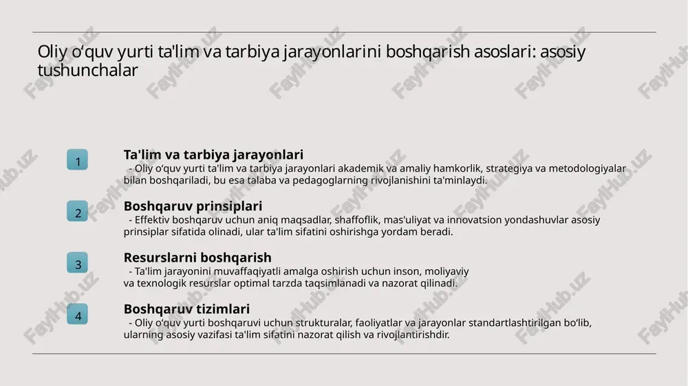 roli pedagoglarning vazifasi hamkorlik muhimligi talabalar ta'lim jarayonida faol ishtirok etib, o'z bilim va ko'nikmalarini rivojlantiradi. ular o'qituvchilarning metodlariga moslashib, muammolarni hal qilishda muhim rol o'ynaydi. pedagoglar bilim berish va rivojlantirishda asosiy mas'uliyatni oladi. ular talabalarning qiziqishlarini aniqlab, samarali ta'lim muhitini yaratadi. talaba va pedagog o'rtasidagi samarali hamkorlik ta'lim jarayonining muvaffaqiyatini oshiradi. ular fikr almashib, o'zaro tushunishni mustahkamlashga intiladi. boshqaruvdagi muammolar va ularni hal qilish uchun samarali yondashuvlar muammolarni aniqlash boshqaruvdagi muammolarni aniqlash uchun joriy jarayonlarni tahlil qilish va xodimlar bilan muloqot qilish muhim. bu yordamida asosiy muammolar va ularning sabablarini aniqlash mumkin. resurs yetishmovchiligi resurslarning cheklanganligi, moliyaviy va inson resurslarining yetishmasligi boshqaruv samaradorligini pasaytiradi. rivojlanish uchun innovatsion yondashuvlar talab qilinadi. innovatsion yondashuvlar muammolarni hal qilishda zamonaviy texnologiyalar va strategiyalarni joriy etish, jamoaviy ishni kuchaytirish va muammolarga yaratuvchan yondashuvlar muhim. oliy oʻquv yurti ta'lim va tarbiya jarayonlarining baholash va nazorat usullari 1 baholash usullari oliy oʻquv yurti ta'lim va tarbiya …