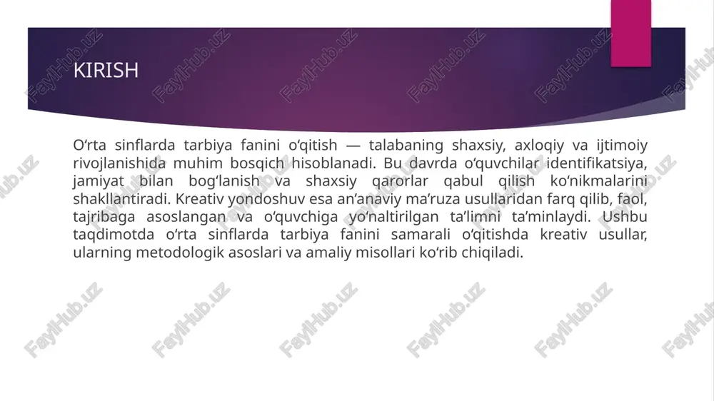 i va portfoliolar o‘quvchilarning o‘zgarishini, qobiliyati va ishtiyoqini ko‘rsatadi. ushbu amaliy yondoshuv o‘quvchilarda mas’uliyat hissini oshirib, nazariy bilimlarni hayotiy tajribaga aylantiradi. baholash va refleksiya tarbiya fanida baholash shaffof, ko‘p o‘lchovli va shakillantiruvchi bo‘lishi kerak. formativ baholash orqali o‘qituvchi o‘quv jarayonini doimiy monitoring qilib, xatolarni o‘z vaqtida tuzatadi; summativ baholash esa umumiy natijani aniqlaydi. rubrikalar, portfoliolar, o‘rtog‘lar va o‘zini baholash usullari o‘quvchilarning ijtimoiy va axloqiy kompetensiyalarini aniq aks ettirishga yordam beradi. refleksiya bosqichi o‘quvchilarga o‘z fikrini ifoda etish, o‘z maqsad va natijalarini tahlil qilish imkonini beradi va kelajakdagi o‘qish yo‘nalishlarini aniqlaydi. muammolar va yechimlar kreativ yondoshuvni joriy etishda maktab resurslari cheklanganligi, o‘qituvchilarning malaka darajasi va fanlararo koordinatsiya muammolari uchraydi. bu muammolarni bartaraf etish uchun doimiy kasbiy rivojlanish, maktab ichida tajriba almashish, tashqi hamkorliklar va loyihaviy grantlardan foydalanish zarur. dars soatlari chegaralangan vaziyatda samarali mikrometodlar va uyga vazifa orqali davom ettirish, shuningdek, ota-onalar va jamoatchilikni jalb qilish orqali ta’sir kuchini oshirish mumkin. …