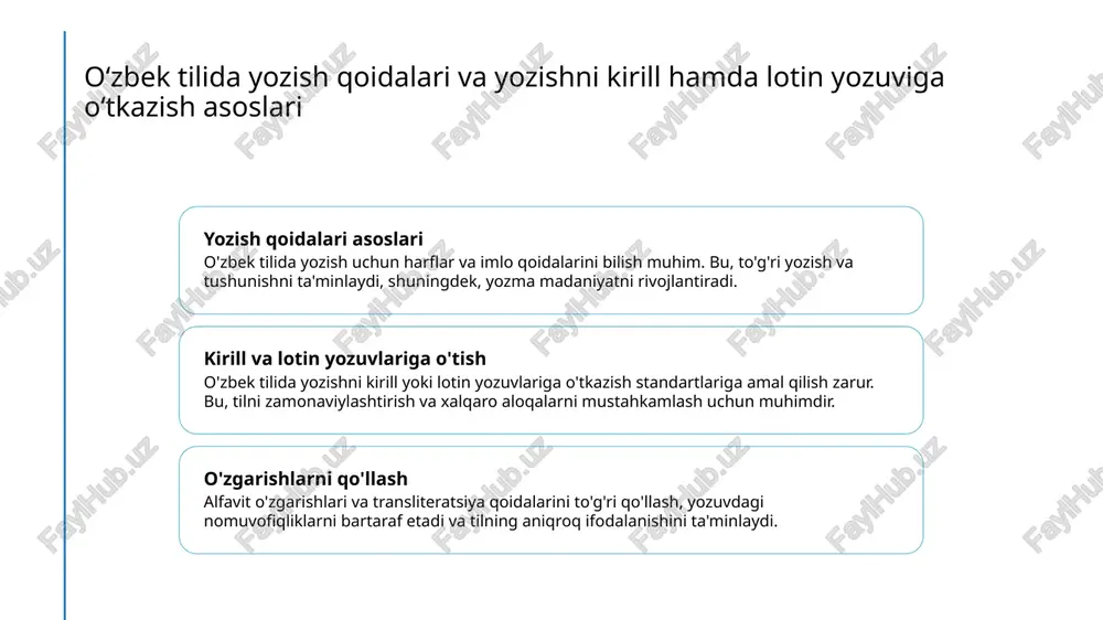 . kirill yozuvi esa, yozuv tarixiy va madaniy merosni saqlashda muhim rol o'ynaydi. fonetik aniqroqlik latin yozuvi tovushlarni aniqroq aks ettiradi, bu esa til o'rganish va yozish jarayonida qulaylik yaratadi. kirill esa, ba'zi tovushlar uchun yozilishda murakkab bo'lishi mumkin. standartlashtirilgan transliteratsiya qoidalarining amaliy qoʻllanilishi standartlashtirish jarayoni transliteratsiya standartlari yozuvni aniqlik va birxillashtirish uchun muhimdir. bu jarayon yordamida barcha yozuvlar bir xil qoidalarga asoslanadi, kommunikatsiya osonlashadi. amaliy qoʻllash usullari standart qoidalar kompyuter tizimlari, matn tahrirchilari va ta'lim materiallarida keng qoʻllaniladi. bu yozuvlarning aniqligini ta'minlaydi va madaniyatni saqlashga yordam beradi. muammolar va yechimlar standartlarni qoʻllashda fonetik tafovutlar va tarjima muammolari yuzaga kelishi mumkin. bu muammolarni aniqlash va toʻgʻrilash uchun mutaxassislarning doimiy nazorati talab etiladi. alfavit oʻzgarishlarining tarixiy rivoji va zamonaviy talablar 1 alfavit oʻzgarishlarining tarixiy rivoji oʻzbekiston tarixida alfavit oʻzgarishlari bosqichma-bosqich yuzaga keldi, boshidan kirill yozuvi keng qoʻllanilib, keyinchalik latin yozuvi joriy qilindi. 2 zamonaviy talablar va moslashuv zamonaviy talablar bilan, alfavit …