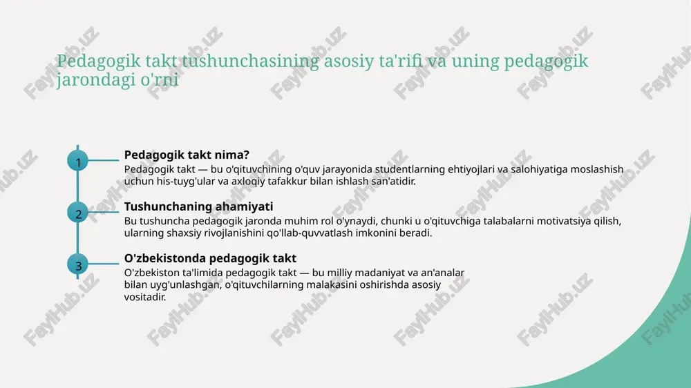 uv jarayonini boshqarish usullari pedagogik takt yordamida o'qituvchi o'quv jarayonini individual ehtiyojlarga moslashtiradi, muvofiqlashtiradi va nazorat qilib boradi, bu esa samaradorlikni oshiradi. interaktiv yondashuvlar o'qituvchi interaktiv metodlarni qo'llash orqali talabalarning faolligini oshiradi, muhokamalar va guruh ishlari bilan o'qishni qiziqarli va samarali qiladi. moslashuvchanlik va innovatsiya pedagogik taktikda moslashuvchanlik va zamonaviy texnologiyalarni integratsiya qilish, o'qitish jarayonini yanada dinamik va natijali qiladi. pedagogik taktik va uning shaxsiy va ijtimoiy rivojlanishga ta'siri shaxsiy rivojlanish ijtimoiy munosabatlar motivatsiya va ishonch pedagogik takt shaxsiy rivojlanishga yordam beradi, o‘quvchilarga o‘z salohiyatini aniqlash va mustahkamlash imkoniyatini taqdim etadi, shaxsiy o‘sishni rag‘batlantiradi. bu takt ijtimoiy aloqalarni rivojlantiradi, o‘quvchilarning hamjihatlik va hamkorlik qobiliyatlarini oshiradi, jamoaviy muhitda muvofiqlikni kuchaytiradi. pedagogik takt motivatsiya va o‘ziga bo‘lgan ishonchni mustahkamlaydi, o‘quvchilarning o‘z maqsadlariga erishishdagi qat’iyatini oshiradi. pedagogik taktning amaliy misollari va muvaffaqiyatli qo‘llanilishi 01 innovatsion yondashuv pedagogik taktikning amaliy misollari innovatsion yondashuvlarni qo‘llashda kelib chiqadi, masalan, interaktiv ta’lim texnologiyalari va loyiha asosida o‘qitish, …