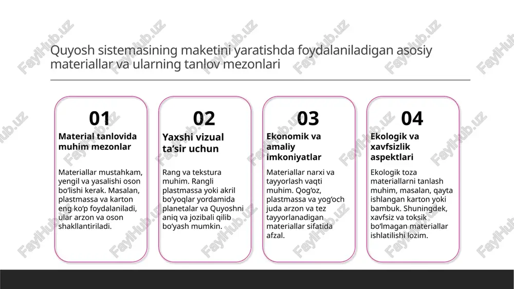 mida astronomik tushunchalarni tushuntirishda vizual taqdimotlar muhim. ular planetlar, ularning orbitlari va fazalarni aniqroq ko‘rsatadi, o‘quvchilarning tushunishini oshiradi. 2 amaliy simulyatsiya va interaktivlik - model bilan ishlash jarayonida amaliy simulyatsiya va interaktivlik ta’lim jarayonini qiziqarli va samarali qiladi. o‘quvchilar o‘zlari bilan faol ishtirok etadi. 3 tashkiliy va vizual tushuntirish usullari - model yordamida astronomik tushunchalarni tartib bilan va vizual tarzda tushuntirish osonroq bo‘ladi. bu usul murakkab konseptlarni oddiy va aniq qilib taqdim etadi. quyosh sistemi maketini yaratishda foydalaniladigan asosiy materiallar va usullarni tahlil qilish. material tanlovi va sifati quyosh sistemasining maketini yaratishda qattiq, yengil va mustahkam materiallar tanlanadi. masalan, plastmassa, karton va polistirol keng qo'llaniladi, chunki ular oson shakllantiriladi va chidamlidir. texnikalar va usullar modellash uchun lazer kesish, bo'yash va yopishtirish kabi texnikalar ishlatiladi. bu usullar yordamida elementlar aniqlik bilan tayyorlanadi va maketning vizual jozibadorligi oshadi. materiallarning afzalliklari har bir materialning o'ziga xos afzalliklari bor: plastmassa yengil va chidamli, karton …