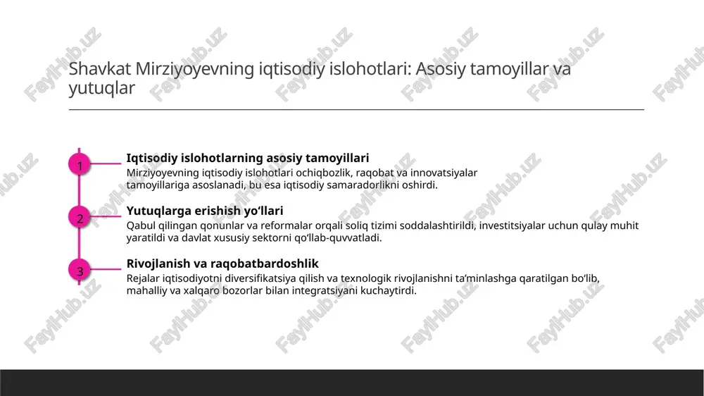 adi. innovatsiyalar va texnologik rivojlanish zamonaviy texnologiyalar va ta'lim metodlari madaniyat va ta'lim sohalarida modernizatsiyani qo'llab-quvvatlab, xalqaro raqobatbardoshlikni oshiradi. milliy madaniyatni asrash va rivojlantirish o'zbekistonning boy madaniy merosi qadr-qimmatini saqlash, uni dunyo miqyosiga chiqarish va yosh avlodga etkazish davlat siyosatining strategik yo‘nalishidir. shavkat mirziyoyevning tashqi siyosat strategiyalari va markaziy osiyodagi roli strategik tashqi siyosat mirziyoyevning tashqi siyosat strategiyasi mintaqaviy barqarorlik va hamkorlikni mustahkamlashga qaratilgan bo‘lib, markaziy osiyo davlatlari bilan hamkorlikni rivojlantiradi. rivojlangan regional hamkorlik prezident, ayniqsa, transport va energetika sohasida, mintaqaviy hamkorlikni kengaytirish uchun yangi tashabbuslarni ilgari surmoqda, yangi imkoniyatlar yaratmoqda. tashqi diplomatiya roli mirziyoyevning tashqi diplomatiyasi orqali o‘zbekiston xalqaro maydonda o‘z o‘rnini mustahkamlab, xalqaro tashkilotlar bilan faol hamkorlik qilmoqda. hududiy hamkorlikda erishilgan yutuqlar va yangi imkoniyatlar 1 hududiy hamkorlikdagi yutuqlar o'zbekiston va yaqin mintaqadagi davlatlar o'rtasida iqtisodiy, madaniy va transport sohalarida hamkorlik kengaydi, yangi loyihalar amalga oshirilmoqda. 2 yangi imkoniyatlar transport, energetika va savdo sohalarida yangi loyihalar va investitsiyalar …