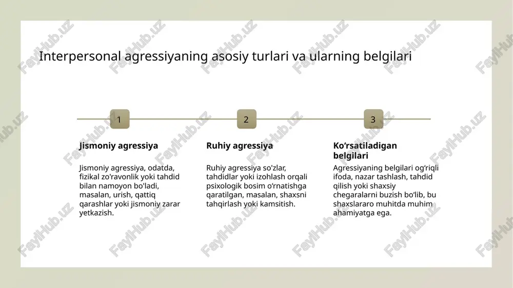li aniqlash mumkin. boshqarish strategiyalari muloqotni yaxshilash, tinchlikni saqlash va murosaga erishish uchun faol tinglash, nazorat qilish va muvozanatli javoblar berish muhim. psixologik yordam va ta'lim psixologlar va psixoterapevtlar bilan ishlash, ijtimoiy ko‘nikmalarni rivojlantirish va agressivlik bilan kurashish uchun ta'lim dasturlaridan foydalaniladi. uzbek jamiyatida agressivlik shakllarining tarixiy rivojlanishi 1 an'anaviy davrlar - tarix davomida, o'zbek jamiyatida agressiya odatdagi urushlar, qabila nizolari va an'anaviy urf-odatlar bilan bog'liq bo'lib, ijtimoiy hayotning ajralmas qismi bo‘lgan. 2 sovet davri ta'siri - sovet davrida, repressiya va ijtimoiy nazorat agressiyani nazorat qilishga harakat qilgan, shuningdek, muomala va muloqot usullari o‘zgarib borgan. 3 mustaqillik davri - mustaqillik bilan, agressiya shakllari va uning ijtimoiy turlari o‘zgarib, milliy qadriyatlar va madaniyat asosida yangi rivojlanishlar yuzaga kelgan. 4 zamonaviy muammolar - hozirgi kunda, yoshlar orasida agressiya, madaniyat va texnologik rivojlanish bilan bog‘liq bo‘lib, ijtimoiy muhitda yangi shakllar paydo bo‘lyapti. madaniyat va an'analarning agressivlikka ta'siri: o'zaro bog'liqliklar 1 madaniyatning agressiyaga ta’siri …