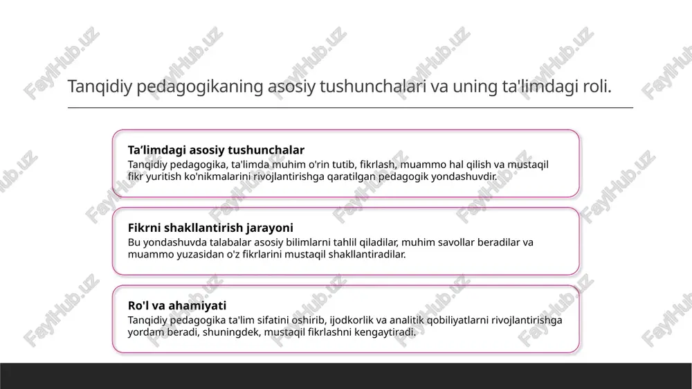 kengaytiradi va kreativ muhit yaratadi. bu esa zamonaviy ta'lim uchun muhim. innovatsion yondashuvlar va ta'limda kreativlikni rivojlantirishning asosiy prinsiplari 01 innovatsion yondashuvlar innovatsion yondashuvlar ta'limda yangi texnologiyalar, metodlar va usullarni joriy qilish orqali o'quv jarayonini yanada samarali va qiziqarli qilishga xizmat qiladi. bu yondashuvlar o'quvchilarning kreativ fikrlashini rivojlantiradi va muammolarni innovatsion tarzda hal qilish imkonini yaratadi. 02 kreativlikni rivojlantirish ta'limda kreativlikni rivojlantirish uchun o'quvchilarga mustaqil fikrlash, loyiha asosidagi ishlar va muvofiqlashtirilgan muhit taqdim etiladi. bu usullar orqali ular o'z fikrlarini erkin ifoda etib, yangi g'oyalar yaratishga o'rganadilar. 03 prinsiplar va asoslar innovatsion va kreativ ta'limda asosiy prinsiplarga moslashuvchanlik, interaktivlik va texnologiyadan foydalanish kiradi. bu prinsiplar o'quvchilarning qiziqishini oshiradi va zamonaviy ta'lim talablariga javob beradi. o'yin va simulyatsiyalar yordamida kreativ fikrlashni shakllantirish usullari 1 interaktiv o'yinlar o'yinlar va simulyatsiyalar orqali talabalarning kreativ fikrlash qobiliyatlari rivojlanadi. bu usul ularni muammolarni yangi yondashuv bilan hal qilishga o'rgatadi. 2 simulyatsion muhitlar real hayotdagi vaziyatlarni …