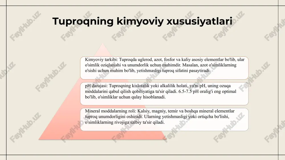 mdir. bu usullar iqlim o'zgarishiga qarshi kurashda yordam beradi. 1 2 3 tuproqning inson hayotidagi ahamiyati tuproq inson faoliyatining muhim manbai bo'lib, qishloq xo'jaligida o'simliklar o'sishi uchun muhim bo'lgan ozuqa va suvni ta'minlaydi. iqtisodiyotda tuproqni to'g'ri boshqarish mamlakatlar uchun moliyaviy daromadlarni oshiradi. sog'liq va farovonlik uchun tuproqdagi ifloslantiruvchi moddalar va mikroorganizmlarning roli katta, chunki ular ekologik muvozanatni ta'minlaydi. tuproq sog'liqni saqlash va ekologik barqarorlik uchun ajralmas elementdir. tuproqni muhofaza qilishning ahamiyati tuproqni muhofaza qilish ekologik barqarorlik va iqtisodiy rivojlanish uchun muhimdir. uning asosiy vazifasi - tuproq unumdorligini saqlash va oshirish, shuningdek, eroziya va qurg'oqchilikka qarshi kurashishdir. tuproq muhofazasi usullari, masalan, qoplama o'simliklar ekish va erni muhofaza qilish texnikalari, ijtimoiy va iqtisodiy ta'sirga ega bo'lib, qishloq xo'jaligi samaradorligini oshiradi va atrof-muhit muhofazasini ta'minlaydi. tuproq unumdorligini oshirish usullari tuproqni muhofaza qilish va unumdorlikni ta'minlash organik o'g'itlar, masalan, kompost va hayvon go'shti, tuproqning biologik faolligini oshiradi. mineral o'g'itlar esa, ozuqa moddalarini tezroq yetkazib, …