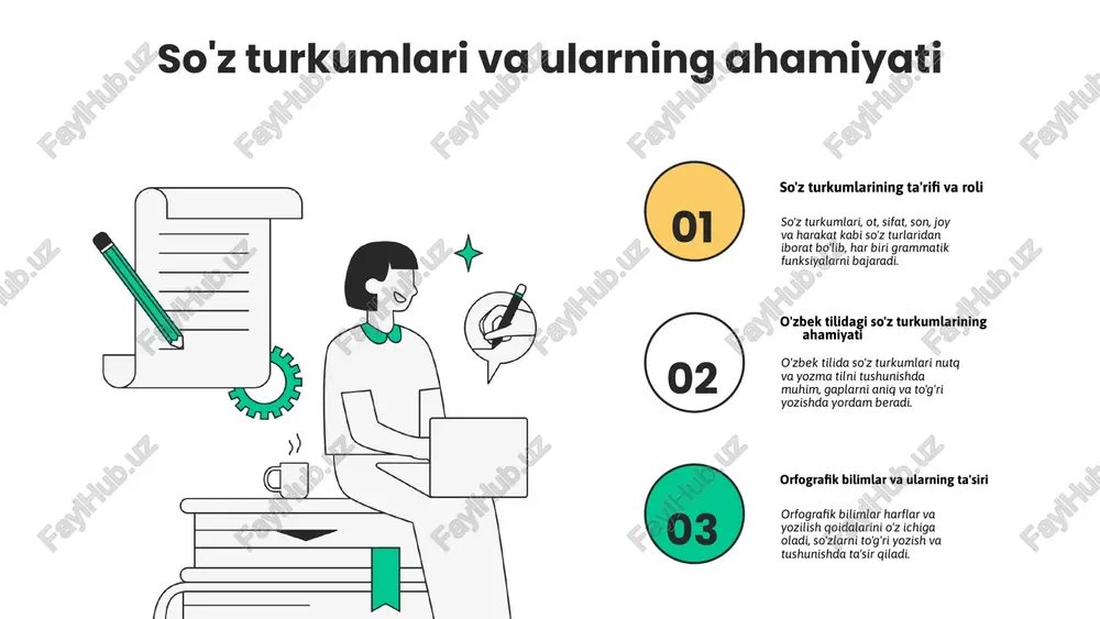 qlash va to'g'ri yozilish uchun muntazam ravishda lug'at va yozilish qoidalarini takrorlash muhim. misol uchun, 'qabul qilmoq' va 'qabul qilmoq' so'zlarida yozilishdagi farqlarni o'rganish zarur. amaliy misollar yordamida yozilish qoidalarini mustahkamlash: so'zlarni to'g'ri yozish uchun yozilishdagi qoidalarni amalda qo'llash, yozma ishlarni tekshirishda xatoliklarni aniqlash va tuzatish. misol: 'yosh' va 'yosh' so'zlaridagi yozilish farqlari. o'zbek tilida yozish qoidalarini mustahkamlash uchun kundalik yozma mashqlar bilan shug'ullanish, yozilish lug'atlarini o'rganish va yozishdagi xatoliklarni tahlil qilish tavsiya etiladi. bu orqali yozilishdagi odatiy xatoliklarni kamaytirish mumkin. ushbu slayd yozilish xatoliklarining ta'siri, yozish qoidalarini o'rganish va ularni bartaraf etish muhimligini ta'kidlaydi. xatoliklarning kommunikatsiya va til madaniyatiga ta'siri, yozish qoidalarini o'rganish va muntazam amaliyotning ahamiyati haqida ma'lumot beradi. ommabop xatoliklar va ularni bartaraf etish yozilish xatoliklari tilni to'g'ri va ravon yozish imkoniyatini cheklaydi, kommunikatsiya samaradorligini pasaytiradi. yozilish qoidalarini o'rganish yozilishdagi xatoliklarni kamaytiradi va til madaniyatini oshiradi. xatoliklarni bartaraf etish uchun muntazam amaliyot va nazorat qilish, shuningdek, o'qituvchilar …