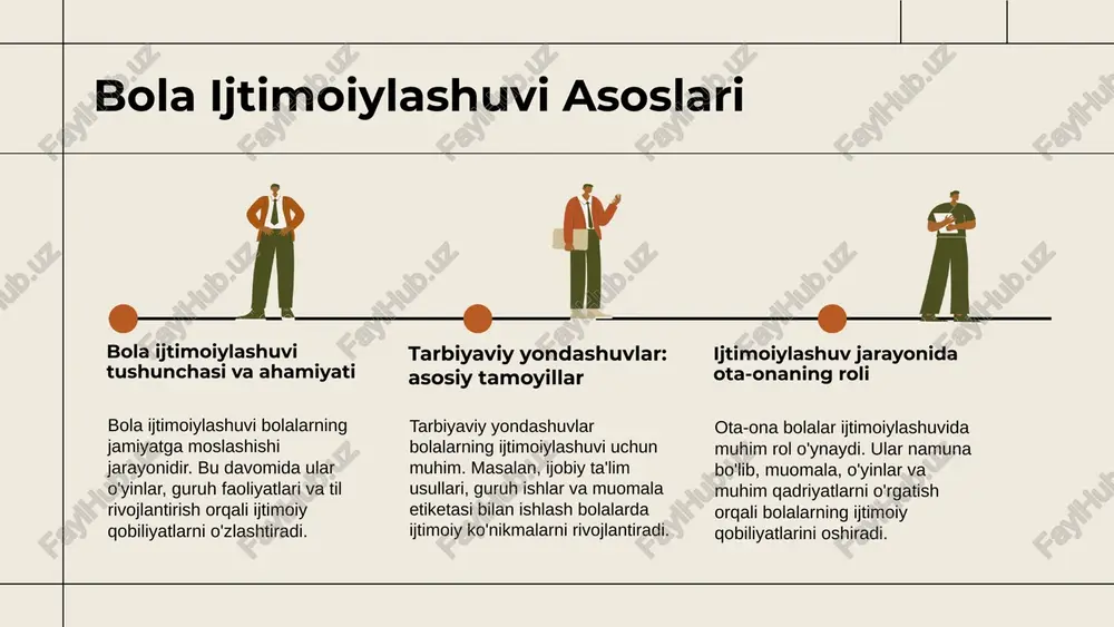 oli ota-onalar bolalar bilan yaxshi muloqot qilish, ijobiy muhit yaratish va ijtimoiy qoidalarni o'rgatish orqali ularning ko'nikmalarini rivojlantiradi. model bo'lib, harakatlarni ko'rsatadi. amaliy tarbiyaviy usullar amaliy tarbiyaviy usullar haqida umumiy ma'lumotlar; guruh ishlari, ijtimoiy loyihalar, amaliy mashg'ulotlar misol keltiriladi. zamonaviy muhitda amaliy usullarni qo'llash muhim; innovatsion texnologiyalar, online platformalar, simulyatsiyalar va interaktiv metodlar keng qo'llaniladi. ota-onalar uchun amaliy usullarni tanlashda yosh, qiziqishlar va ehtiyojlar e'tiborga olinadi; seminarlar, amaliy mashg'ulotlar va jamoaviy tadbirlar tavsiya etiladi. photo by hannah olinger on unsplash 1 2 3 zamonaviy muhitda tarbiya zamonaviy muhitda tarbiyaviy yondashuvlar texnologik rivojlanish, globalizatsiya va ijtimoiy media ta'sirida yoshlarning tarbiyalanish jarayonini yangi bosqichga olib kelmoqda. ota-onalar va bolalar o'rtasida hurmat va ochiq muloqot muhitini yaratish muhim, bu esa bolalarning ijtimoiy moslashuvi va xavfsiz muhitda rivojlanishini ta'minlaydi. zamonaviy tarbiya shartlari sifatida interaktiv kommunikatsiya vositalaridan foydalanish, bolalarning qiziqishlariga e'tibor qaratish va ularni mustaqil fikr bildirishga o'rgatish kiritiladi. photo by lia bekyan on unsplash …