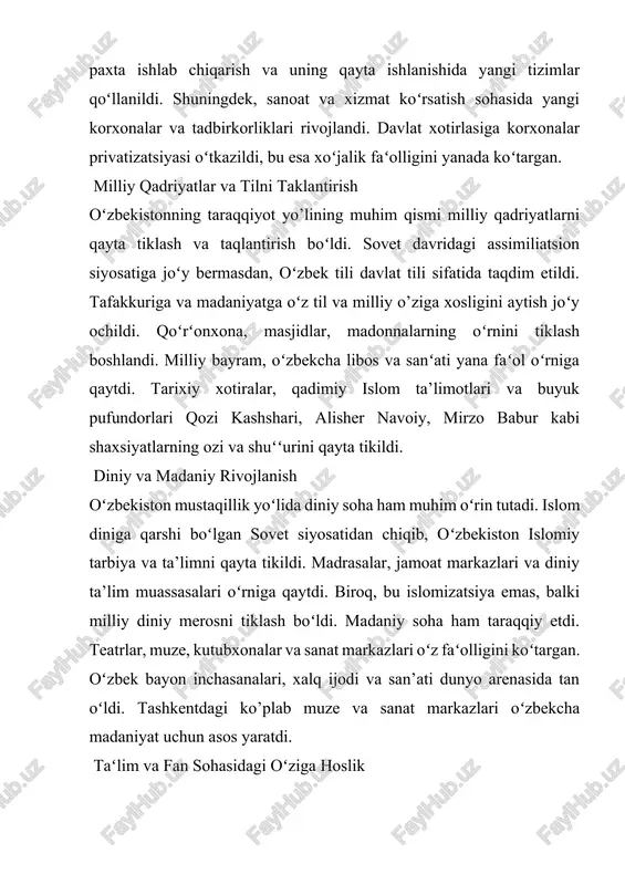 fatida qabul qildi. xulosa oʻzbekistonning oʻziga hos istiqlol va taraqqiyot yoʻli – bu tarixiy tajribaga asoslangan, milliy qadriyatlarni qayta tiklaydigan va zamonaviy texnika bilan birlashtiraydigan noyob tizim. bu yo’l nafaqat iqtisodiy boʻlmay, balki siyosiy, madaniy va diniy sohalarda ham oʻzining naqshi boʻldi. oʻzbekiston bugun oʻz milliy modeli, o’ziga xos boshqaruv tizimi va taraqqiyot strategiyasi bilan butun dunyo mamlakatlarining kuzatish nuqtasiga aylandi. bugungi kunda oʻzbekiston markaziy osiyoda eng taraqqiy davlatlisidan biri boʻlib, oʻz xalqiga farovonlik va salomatlik, ta’lim va san’at, biznes va turizm sohasida yangi imkoniyatlarni koʻrsatmoqda. shunday qilib, oʻzbekistonning oʻziga hos taraqqiyot yoʻli jamiyatning koʻpol rivojlanishining misoli boʻlib, boshqa mamlakatlar uchun ham oʻqish tarixiga aylanib qoldi.