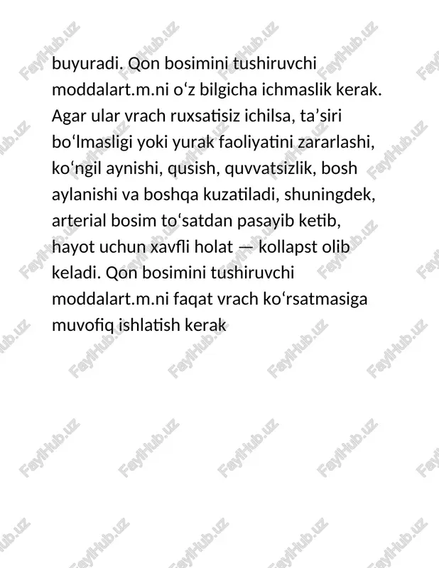 ptor antagonistlati 5. adrenergik retseptor antagonistlari 6. vasodilatatorlar 7. renin ingibitorlari 8. aldosteron retseptor blokatorlari diuretiklar buyraklarga ortiqcha tuz va suvni tananing to'qimalari va qonidan olib tashlashga yordam beradi. kaltsiy kanal blokerlari kaltsiyning arteriya devoridagi mushak hujayralariga kirishini bloklaydi. ace inhibitörleri angiotensin i ni angiotensin ii ga, kuchli vazokonstriktorga aylantirish uchun mas'ul bo'lgan angiotensinga aylantiruvchi ferment (ace) faolligini inhibe qiladi. angiotensin ii retseptorlari antagonistlari angiotensin retseptorlari faollashuvini antagonize qilish orqali ishlaydi. vazodilatatorlar to'g'ridan-to'g'ri arteriyalarning silliq mushaklariga ta'sir qilib, ularning devorlarini bo'shashtiradi, shuning uchun qon ular orqali osonroq harakatlanishi mumkin; ular faqat gipertonik favqulodda vaziyatlarda yoki boshqa dorilar samarasiz bo'lganda qo'llaniladi va hatto kamdan-kam hollarda yolg'iz qo'llaniladi. renin renin-angiotensin tizimidagi angiotensinga aylantiruvchi fermentdan (ace) bir daraja yuqoriroqdir . shuning uchun renin inhibitörleri gipertenziyani samarali ravishda kamaytirishi mumkin. aliskiren (novartis tomonidan ishlab chiqilgan) renin inhibitori bo'lib , aqsh fda tomonidan gipertenziyani davolash uchun tasdiqlangan. aldosteron retseptorlari antagonistlari qon bosimi uchun birinchi darajali …