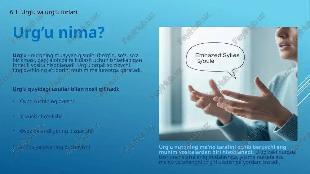 jalb qilish, muhim ma'lumotlarni ajratib ko'rsatish va o'quv materialini yaxshiroq eslab qolishga yordam beradi. 6.2. pauza. pauza turlari. 8 ritmning ta'lim jarayonida ahamiyati ritmning ta'sir kuchi ritm nutqning ta'sirchanligini oshiradi va tinglovchilarning diqqatini ushlab turadi. ta'lim jarayonida ritmli nutq quyidagi afzalliklarga ega: ochilarning e'tiborini uzoq vaqt davomida ushlab turish'quv murakkab materialni bo'laklarga ajratib, oson tushuntirib berish ma'ruzaning asosiy g'oyalarini ta'kidlash o'quv materialini yaxshiroq eslab qolish "ritm nafaqat she'riyat va musiqa, balki ta'lim metodikasining ham muhim qismidir. ritmli nutq tinglovchilarning miyasida yangi neyron aloqalarning shakllanishiga yordam beradi." — ta'lim psixologiyasi sohasidagi tadqiqotlar 6.2. pauza. pauza turlari. 9 pauza (to'xtam) nima? pauza (to'xtam) - nutq jarayonida nutq oqimining qisqa vaqtga to'xtashi, sukut qilish. pauzalar nutq mazmunini tushunishda, fikrlarni mantiqiy bo'laklarga ajratishda va nutqning ta'sirchanligini oshirishda muhim rol o'ynaydi. 30% nutq samaradorligi to'g'ri qo'llanilgan pauzalar nutq samaradorligini 30% gacha oshirishi mumkin 2-3 saniyalik pauza o'rtacha ta'sirchan pauza davomiyligi 15% umumiy vaqt professional notiqlar …