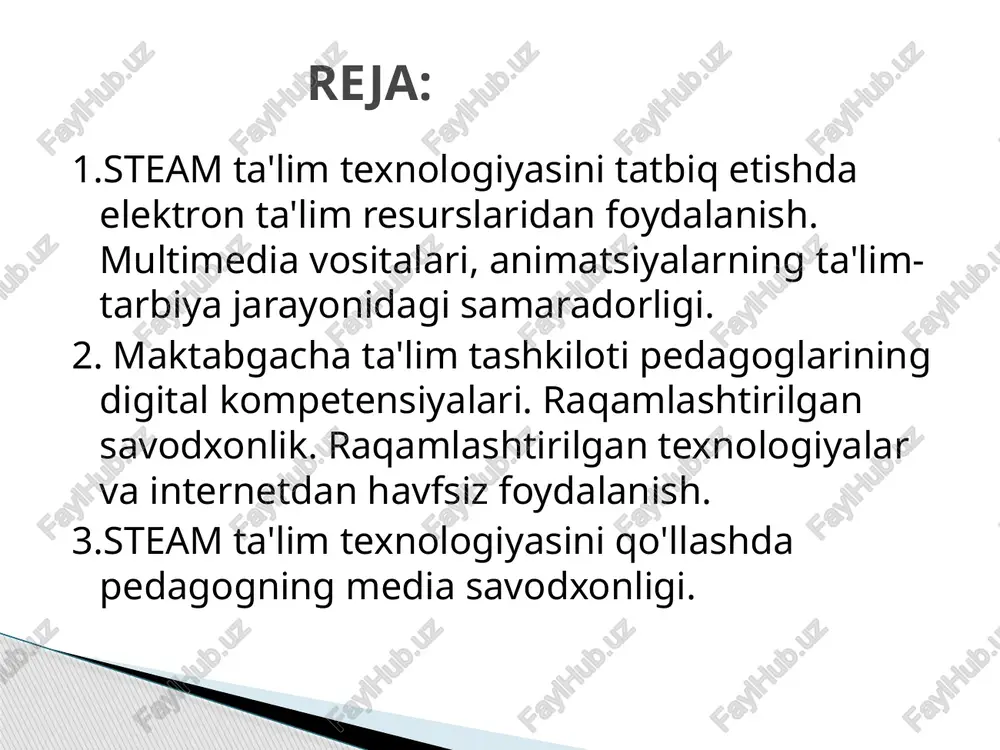 daniyatidir. asosiy qoidalar: 1. shaxsiy ma’lumotlarni internetda oshkor qilmaslik 2. faqat ishonchli sayt va ilovalardan foydalanish 3. bolalar bilan internet odobi (netiket) haqida suhbat o‘tkazish 4. antivirus dasturlaridan foydalanish 5. ijtimoiy tarmoqlarda pedagogik etikaga rioya qilish raqamli kompetensiya — zamonaviy pedagogning asosiy kasbiy mezoni. raqamli texnologiyalarni to‘g‘ri qo‘llagan pedagog: o‘quvchilarda ijodiy fikrlash va mustaqil o‘rganishni rivojlantiradi ta’lim sifatini oshiradi xavfsiz raqamli muhitni yaratadi tavsiyalar: 1. har bir pedagog uchun digital treninglar tashkil etish 2. maktabgacha ta’lim muassasalarida axborot xavfsizligi burchaklari yaratish 3. ota-onalar bilan raqamli madaniyat bo‘yicha hamkorlikni kuchaytirish steam ta’lim texnologiyasini qo‘llashda pedagogning media savodxonligi maqsad: pedagogning media savodxonlik kompetensiyalarini aniqlash steam ta’limda media vositalarining o‘rni va ahamiyatini yoritish o‘quv jarayonida media vositalardan samarali foydalanish yo‘llarini ko‘rsatish steam ta’lim texnologiyasi mohiyati steam — science, technology, engineering, art, mathematics sohalarini birlashtirgan integrativ ta’lim yondashuvi. maqsadi — o‘quvchilarda: tanqidiy fikrlash ijodkorlik amaliy muammo yechish fanlararo bog‘liqlikni tushunish ko‘nikmalarini shakllantirish. steam ta’limda …