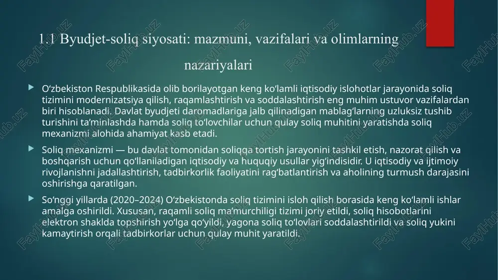 , mamlakat byudjet tizimiga respublika byudjeti, qoraqalpog‘iston respublikasi byudjeti hamda mahalliy byudjetlar (viloyat, tuman va shahar byudjetlari) kiradi. ushbu tizim davlat moliyasining yagona asosiy tarkibiy qismi bo‘lib, u mamlakat ijtimoiy-iqtisodiy rivojlanishini moliyaviy jihatdan ta’minlaydi. so‘nggi yillarda (2020–2024) o‘zbekistonda byudjet tizimini takomillashtirish va moliyaviy mustaqillikni oshirish bo‘yicha muhim islohotlar amalga oshirildi. jumladan, mahalliy byudjetlarga mustaqil daromad manbalari ajratildi, “ochiq byudjet” platformasi orqali jamoatchilik nazorati kuchaytirildi, shuningdek, hududlarning o‘z daromadlarini shakllantirish va ulardan foydalanish imkoniyatlari kengaytirildi. davlat hokimiyati va boshqaruv idoralari o‘rtasidagi moliyaviy munosabatlar yangicha iqtisodiy asosda tashkil etildi. endilikda respublika va mahalliy byudjetlar o‘zaro muvofiqlashtirilgan holda faoliyat yuritadi. hududlar o‘z daromadlarini mustaqil tasarruf etish, xarajatlarni o‘zlari moliyalashtirish imkoniyatiga ega bo‘ldi. byudjet iqtisodiy kategoriya sifatida markazlashtirilgan pul fondlarini shakllantirish, taqsimlash va ulardan foydalanish jarayonida vujudga keladigan iqtisodiy munosabatlarni ifodalaydi. u mamlakatning ishlab chiqarish jarayoni, ijtimoiy sohalar va xizmat ko‘rsatish tizimi bilan chambarchas bog‘liq. 1.2 o’zbekiston respublikasi davlat byudjeti va davlat qarzlarining iqtisodiy …