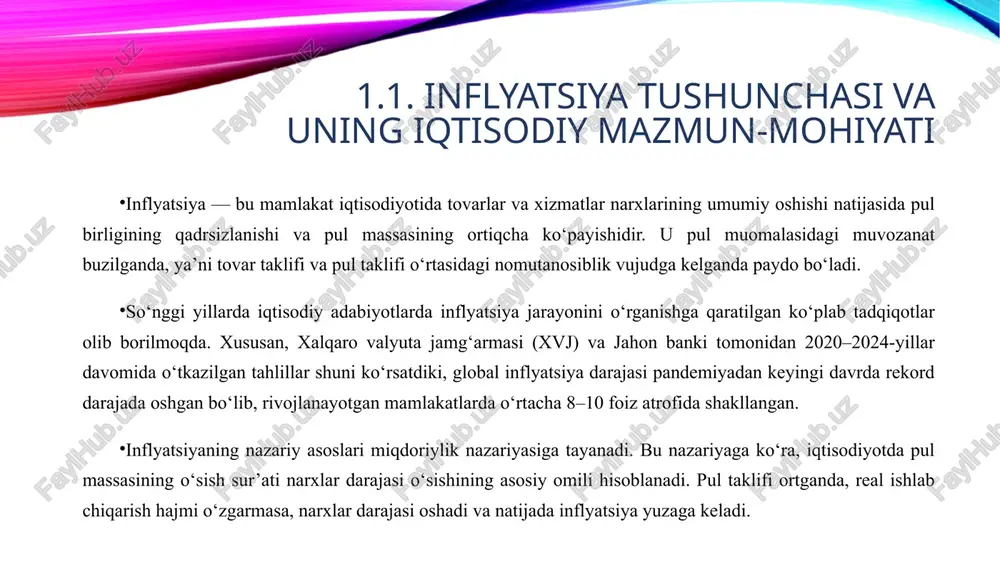 bozorlaridagi narx o‘zgarishlari; jahon iqtisodiyotida kuzatilayotgan inflyatsion to‘lqinlar; yirik davlatlarning valyuta siyosati va foiz stavkalaridagi o‘zgarishlar; eksport-import hajmining o‘zgarishi. masalan, 2022-yilda global energetika inqirozi va logistika zanjirlarining uzilishi tufayli ko‘plab mamlakatlarda inflyatsiya darajasi 10–15 foizgacha oshgan. o‘zbekistonda esa bu ko‘rsatkich 12 foiz atrofida qayd etilgan. bundan tashqari, ayrim davlatlarning boshqa mamlakatlarga nisbatan olib borayotgan valyuta siyosati, yashirin tarzda oltin va xorijiy valyutalarni eksport qilish holatlari ham inflyatsion bosimni kuchaytiradi. inflyatsiyaning yuzaga chiqish yo‘nalishlari inflyatsiya iqtisodiy jarayonlarda uchta asosiy yo‘nalishda namoyon bo‘ladi: mahsulotlar, ishlar va xizmatlarga narxlarning asossiz oshishi — bu holatda milliy valyuta qadrsizlanadi va aholining xarid qobiliyati pasayadi. milliy valyuta kursining pasayishi — xorijiy valyutalarga nisbatan so‘mning qadrsizlanishi aholining valyutaga bo‘lgan talabini oshiradi. oltin va xorijiy valyuta narxining milliy pulda oshishi — bu jarayon aholi o‘rtasida “tezavratsiya”, ya’ni oltin va valyuta to‘plashga moyillikni kuchaytiradi. 1.3. inflyatsiyani hisoblash usullari xalqaro iqtisodiyot nazariyasida inflyatsiya jarayonlarini tushuntiruvchi bir necha yondashuvlar mavjud. ularning …