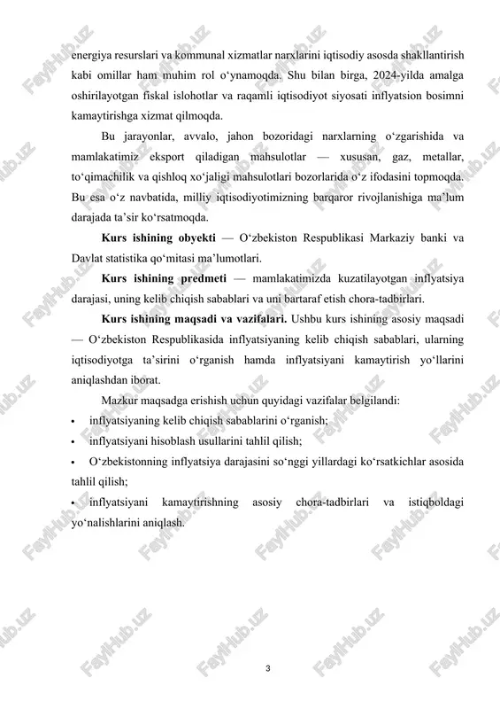 bob. inflyatsiya tushunchasi va uning iqtisodiy mohiyati 1.1. inflyatsiya tushunchasi va uning iqtisodiy mazmun-mohiyati inflyatsiya — bu mamlakat iqtisodiyotida tovarlar va xizmatlar narxlarining umumiy oshishi natijasida pul birligining qadrsizlanishi va pul massasining ortiqcha ko‘payishidir. u pul muomalasidagi muvozanat buzilganda, ya’ni tovar taklifi va pul taklifi o‘rtasidagi nomutanosiblik vujudga kelganda paydo bo‘ladi. so‘nggi yillarda iqtisodiy adabiyotlarda inflyatsiya jarayonini o‘rganishga qaratilgan ko‘plab tadqiqotlar olib borilmoqda. xususan, xalqaro valyuta jamg‘armasi (xvj) va jahon banki tomonidan 2020–2024-yillar davomida o‘tkazilgan tahlillar shuni ko‘rsatdiki, global inflyatsiya darajasi pandemiyadan keyingi davrda rekord darajada oshgan bo‘lib, rivojlanayotgan mamlakatlarda o‘rtacha 8–10 foiz atrofida shakllangan. inflyatsiyaning nazariy asoslari miqdoriylik nazariyasiga tayanadi. bu nazariyaga ko‘ra, iqtisodiyotda pul massasining o‘sish sur’ati narxlar darajasi o‘sishining asosiy omili hisoblanadi. pul taklifi ortganda, real ishlab chiqarish hajmi o‘zgarmasa, narxlar darajasi oshadi va natijada inflyatsiya yuzaga keladi. p. graud va m. polan tomonidan olib borilgan keng qamrovli tadqiqot (165 mamlakat, 1969–1999-yillar) inflyatsiya bilan pul taklifi o‘rtasidagi …