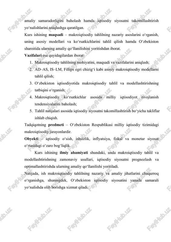 va asosiy modellari 1.1 makroiqtisodiy tahlil: maqsadi, vazifalari va asosiy modellari. hozirgi kunda jahon hamjamiyatida yuz berayotgan jarayonlar — globallashuv, raqamli iqtisodiyotning rivojlanishi, yashil transformatsiya, hamda o‘tish iqtisodiyotiga ega bo‘lgan mamlakatlarda bozor munosabatlarining chuqurlashuvi milliy iqtisodiyotni tartibga solishda muvofiqlashtirilgan va ilmiy asoslangan qarorlar qabul qilish zaruratini kuchaytirmoqda. shu sababli, makroiqtisodiy tahlil usullari zamonaviy iqtisodiy siyosatni shakllantirishda hal qiluvchi ahamiyat kasb etmoqda. makroiqtisodiy tahlilning predmeti sifatida milliy iqtisodiy jarayonlarning o‘ziga xos xususiyatlari, iqtisodiyot tarmoqlari o‘rtasidagi ko‘p darajali o‘zaro bog‘liqliklar, iqtisodiy siyosatning turli vositalari orqali amal qiluvchi sabab–oqibat mexanizmlari, shuningdek, ichki iqtisodiyot bilan tashqi iqtisodiy muhit o‘rtasidagi o‘zaro ta’sir ishtirok etadi. so‘nggi yillarda, xususan covid-19 pandemiyasi, rossiya–ukraina mojarosi, global logistika zanjirlarining uzilishi va inflyatsion bosimlarning kuchayishi sharoitida makroiqtisodiy tahlilning ahamiyati yanada ortdi. hozirgi bosqichda bu tahlil nafaqat mavjud holatni o‘rganish, balki barqaror o‘sish, iqlim o‘zgarishiga moslashuv va iqtisodiy xavfsizlik masalalarini ham qamrab olmoqda. makrotahlil ikki asosiy qismdan iborat: pozitiv va normativ. · …