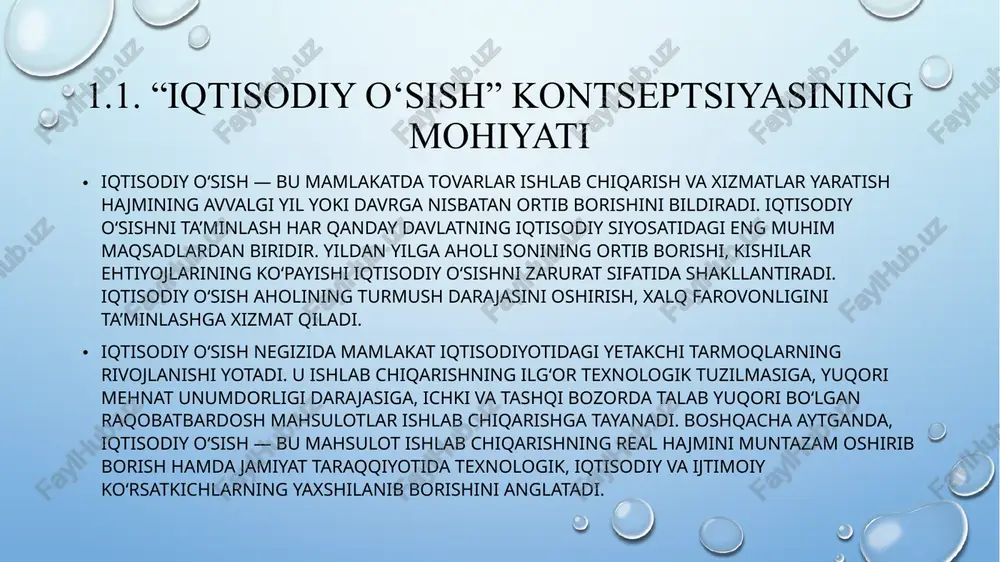 ish hajmining ko‘payishi, balki ekologik barqarorlik, resurslardan oqilona foydalanish, inson kapitali va ijtimoiy tenglikning saqlanishi bilan bog‘liq holda baholaydi. tezkor yoki yuqori sur’atdagi iqtisodiy o‘sish har doim ham ijobiy holat deb baholanmaydi. masalan, ayrim hollarda iqtisodiyotning tez sur’atlarda o‘sishi inflyatsiya, resurslarning haddan tashqari ekspluatatsiyasi yoki atrof-muhitning ifloslanishiga olib kelishi mumkin. shuning uchun so‘nggi yillarda iqtisodiy farovonlikka erishgan mamlakatlar iqtisodiy o‘sish sur’atlarini sifat jihatdan muvozanatli holatda ushlab turishga intilmoqda. atrof-muhitning ifloslanishi, sanoat chiqindilarining ko‘payishi, tabiiy resurslarning kamayishi kabi omillar iqtisodiy o‘sishning salbiy oqibatlari sifatida ko‘rilmoqda. shu bois bugungi kunda ko‘plab mamlakatlarda “yashil iqtisodiyot” (green economy) konsepsiyasi asosida iqtisodiy o‘sish ekologik xavfsizlik, energiya tejamkor texnologiyalar va qayta tiklanuvchi manbalarga tayanib amalga oshirilmoqda. 1.2. iqtisodiy o‘sish omillari iqtisodiy o‘sish, avvalo, ishlab chiqarish jarayonida sanoat omillaridan keng va jadal foydalanish natijasida ro‘y beradi. zamonaviy sharoitda iqtisodiy o‘sishning yetakchi omili — bu bilim va, ayniqsa, texnologik taraqqiyotdir. 1950-yillarda ilk bor amerikalik iqtisodchi, keyinchalik nobel mukofoti …