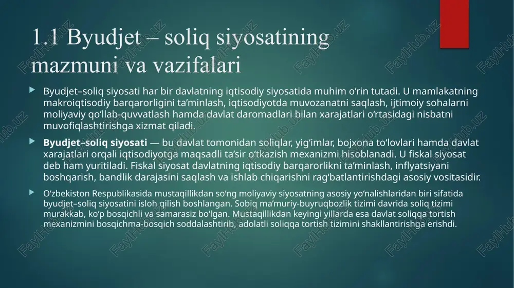n. 2024-yilgi davlat byudjeti daromadlarining qariyb 70 foizi soliqlar hissasiga to‘g‘ri kelgan bo‘lsa, xarajatlarning 60 foizdan ortig‘i ijtimoiy sohalarga yo‘naltirilgan. bu o‘zbekistonning ijtimoiy yo‘naltirilgan byudjet siyosatini amalga oshirayotganidan dalolat beradi. byudjet–soliq siyosatining eng muhim vazifalari quyidagilardan iborat: davlat byudjetining daromad va xarajat qismlarida muvozanatni ta’minlash; iqtisodiy o‘sishni rag‘batlantirish; davlat moliyasining barqarorligini saqlash; ijtimoiy adolatni ta’minlash va aholi farovonligini oshirish; investitsiya va tadbirkorlik muhitini yaxshilash. shuningdek, fiskal siyosatning tartibga soluvchi va rag‘batlantiruvchi funksiyalari mavjud. agar iqtisodiyotda pasayish kuzatilsa, davlat soliq stavkalarini pasaytiradi, byudjet xarajatlarini oshiradi; aksincha, iqtisodiy faollik haddan oshsa, soliq yukini biroz ko‘paytirish orqali inflyatsiyani jilovlaydi. 1.2 o’zbekiston respublikasi davlat byudjeti va davlat qarzlarining iqtisodiy ko’rsatkichlari holati tahlili. davlat byudjeti — bu o‘zbekiston respublikasining moliyaviy siyosatini amalga oshirishning asosiy vositasi bo‘lib, mamlakatning ijtimoiy-iqtisodiy rivojlanish strategiyasida muhim o‘rin tutadi. byudjet orqali davlat iqtisodiyotni tartibga soladi, ijtimoiy dasturlarni moliyalashtiradi va aholini ijtimoiy himoya bilan ta’minlaydi. so‘nggi yillarda o‘zbekiston respublikasida byudjet siyosati izchil …